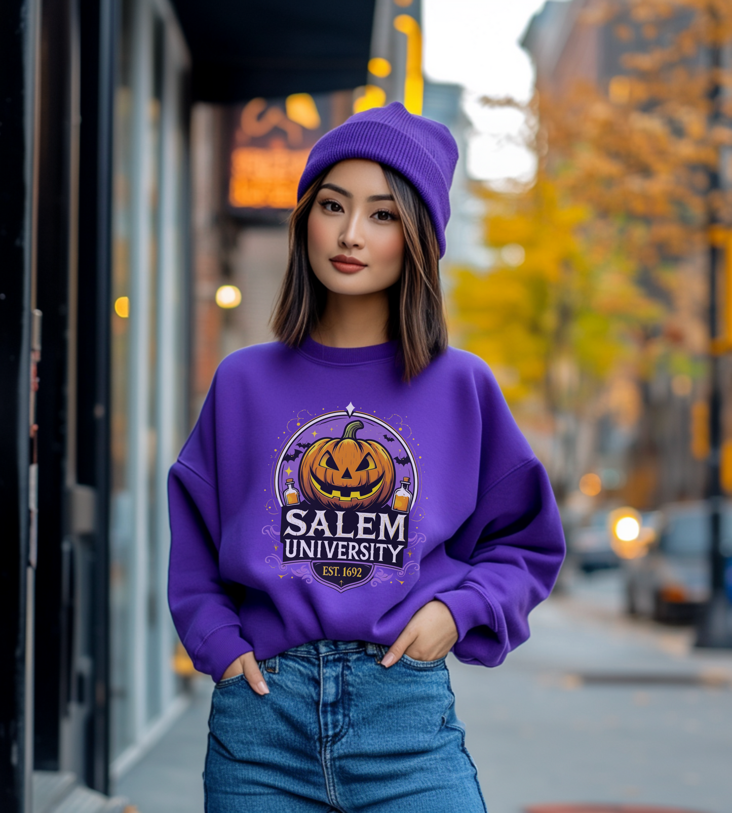 "Unisex Salem University Halloween Sweatshirt – Pumpkin Jack-O’-Lantern Graphic Crewneck Pullover"