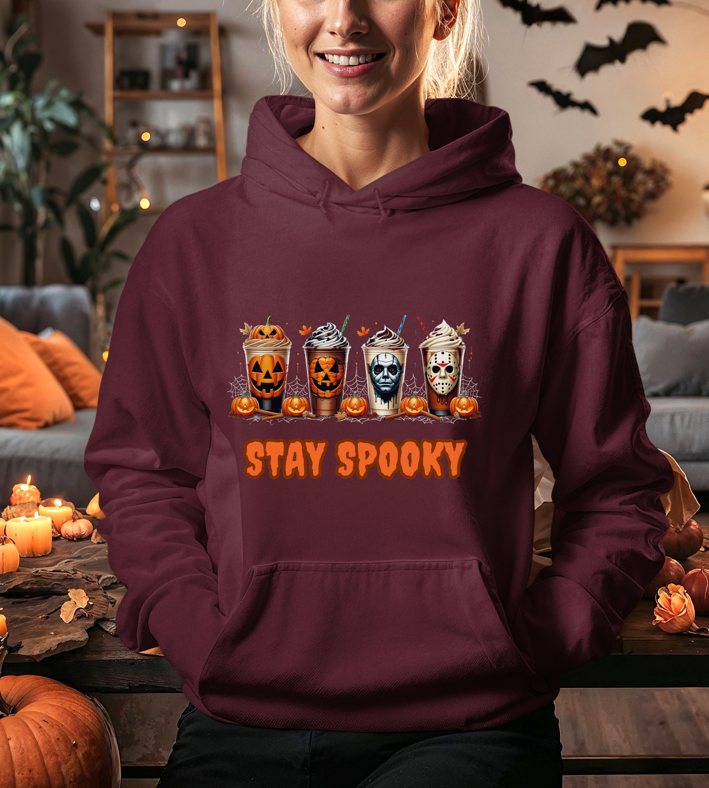 Stay Spooky Halloween Horror Hoodie – Pumpkin Skull Coffee Cup Graphic – Michael Myers Jason Inspired – Gildan 18500 Unisex Pullover