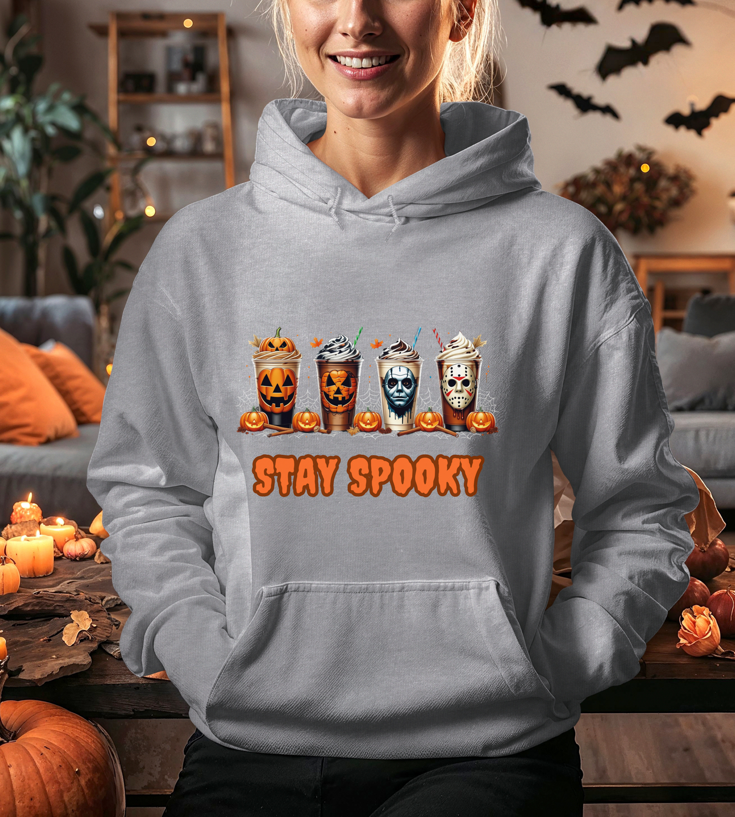 Stay Spooky Halloween Horror Hoodie – Pumpkin Skull Coffee Cup Graphic – Michael Myers Jason Inspired – Gildan 18500 Unisex Pullover