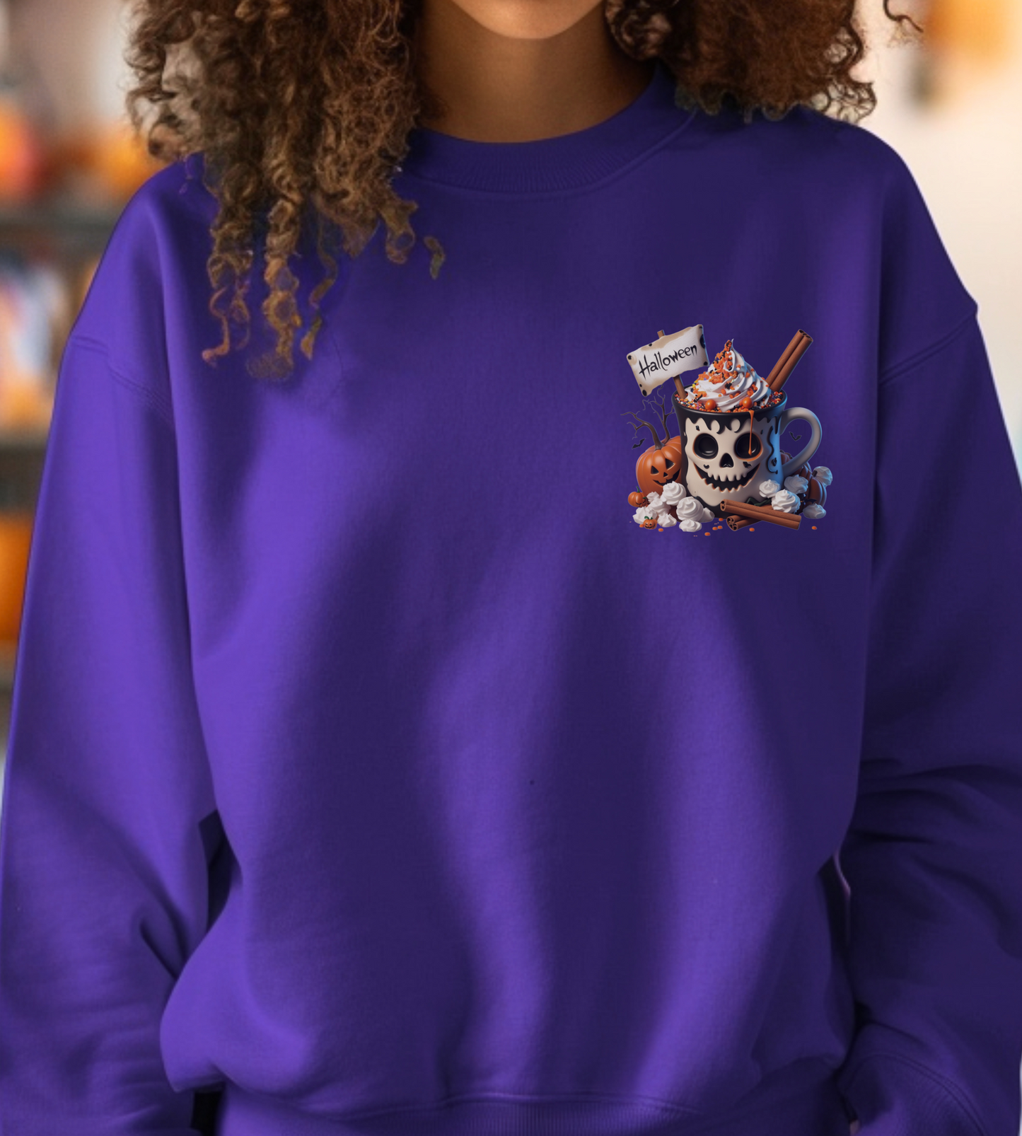 Halloween Skull Coffee Sweatshirt – Spooky Pumpkin Latte Fall Sweater – Cozy Autumn Skull Cup Pullover-Gildan 18000