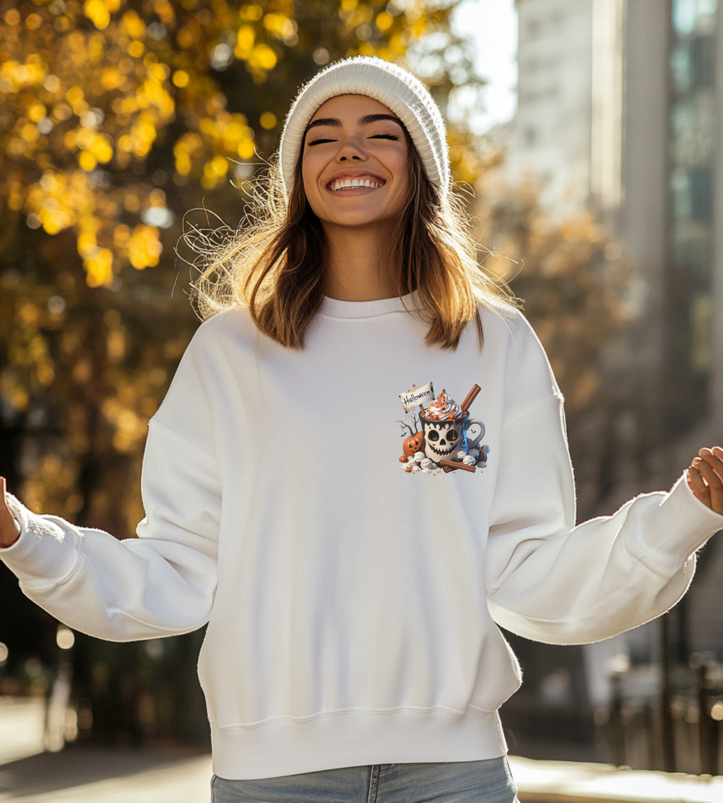 Halloween Skull Coffee Sweatshirt – Spooky Pumpkin Latte Fall Sweater – Cozy Autumn Skull Cup Pullover-Gildan 18000