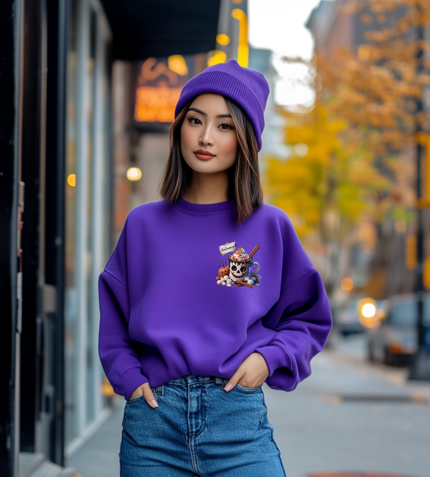 Halloween Skull Coffee Sweatshirt – Spooky Pumpkin Latte Fall Sweater – Cozy Autumn Skull Cup Pullover-Gildan 18000