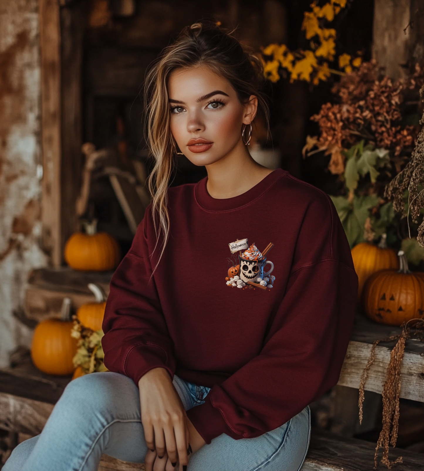 Halloween Skull Coffee Sweatshirt – Spooky Pumpkin Latte Fall Sweater – Cozy Autumn Skull Cup Pullover-Gildan 18000