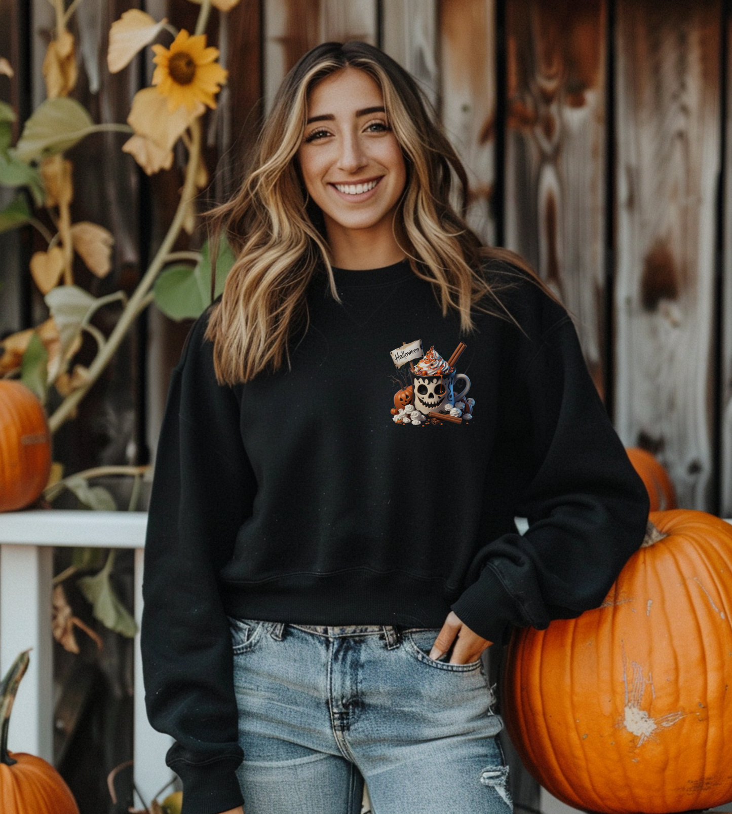 Halloween Skull Coffee Sweatshirt – Spooky Pumpkin Latte Fall Sweater – Cozy Autumn Skull Cup Pullover-Gildan 18000