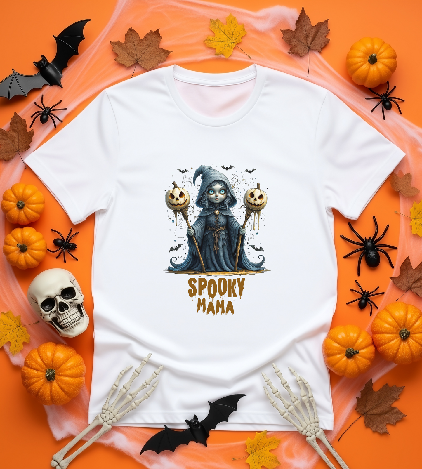 Spooky Mama Halloween Shirt – Gothic Witch Pumpkin Graphic Tee – Bella Canvas 3001 – Cute Halloween T-Shirt for Women