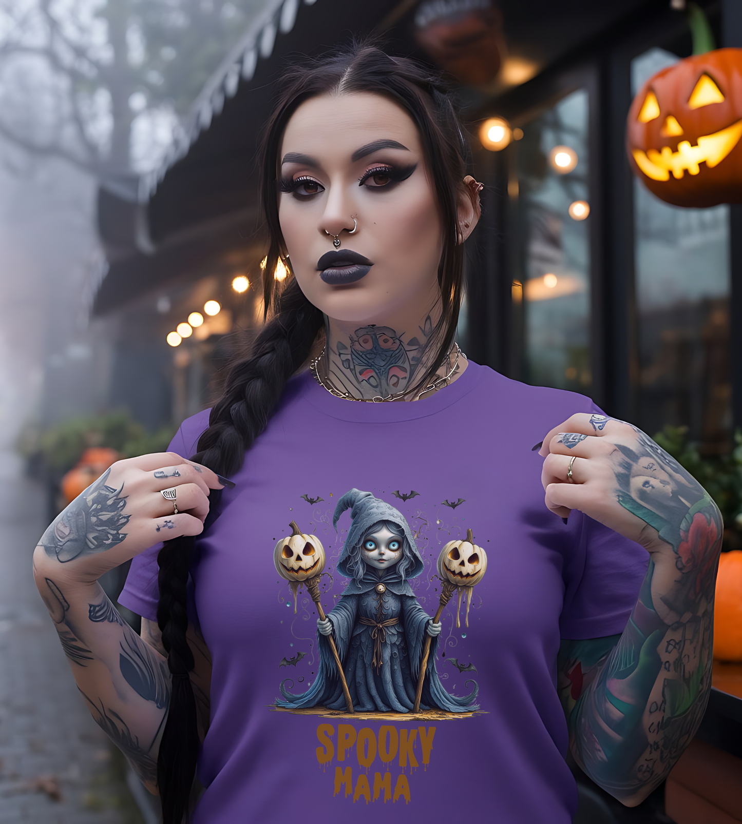 Spooky Mama Halloween Shirt – Gothic Witch Pumpkin Graphic Tee – Bella Canvas 3001 – Cute Halloween T-Shirt for Women