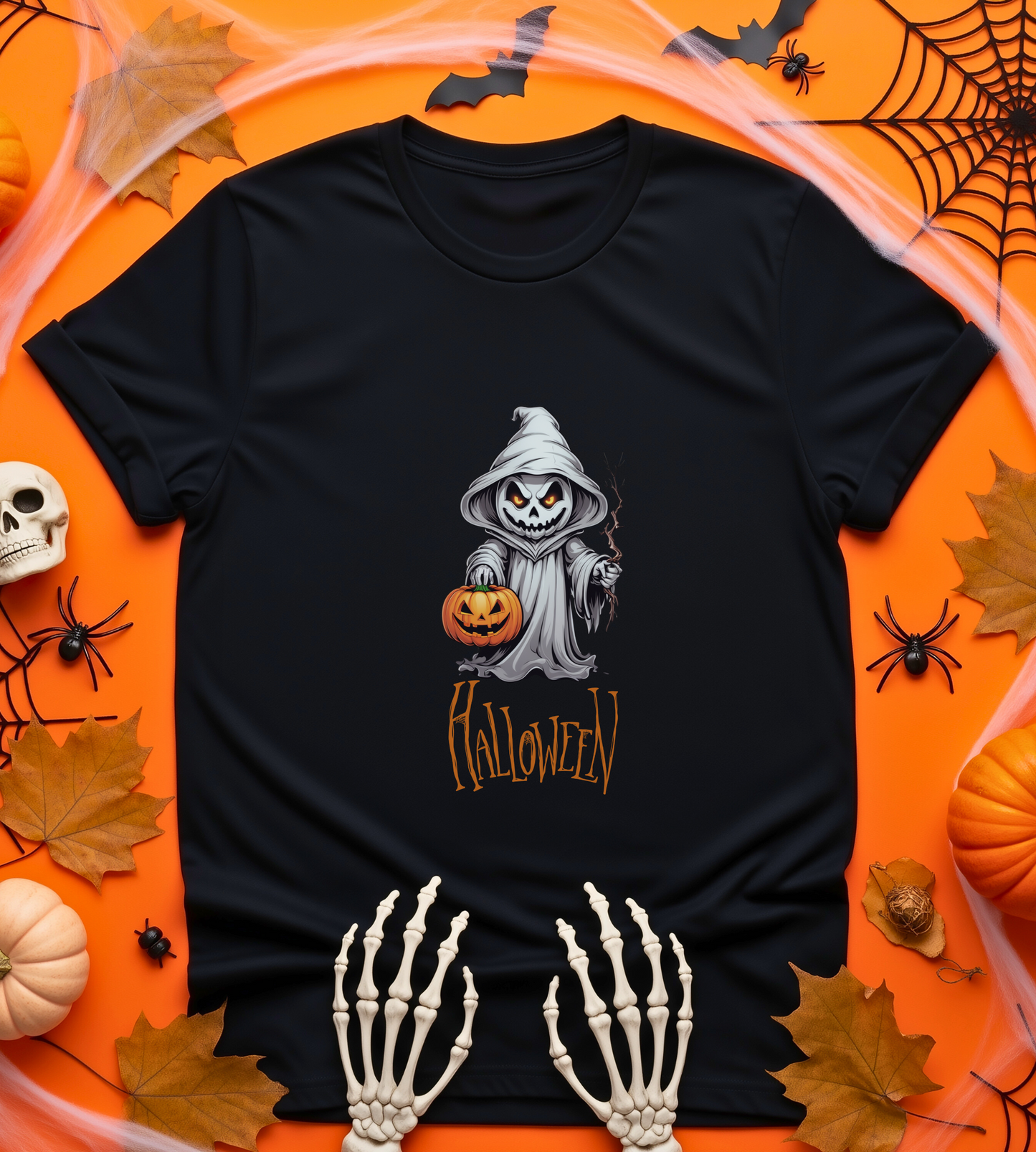 Halloween Ghost Shirt – Scary Pumpkin Graphic Tee – Bella Canvas 3001 – Spooky Unisex Halloween T-Shirt for Women Men