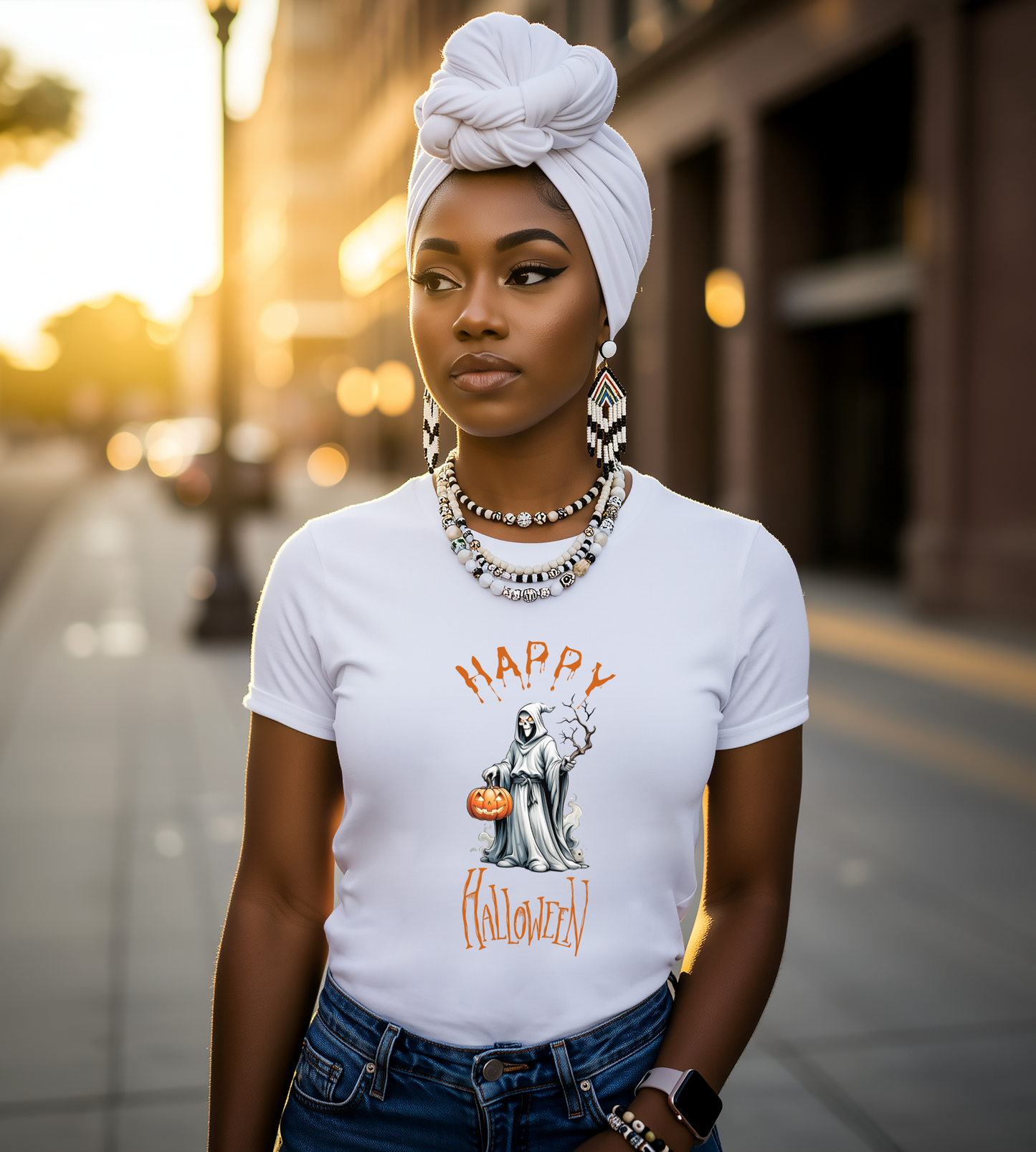 Happy Halloween Ghost Shirt – Spooky Pumpkin Graphic Tee – Bella Canvas 3001 – Unisex Cute Halloween T-Shirt for Women Men