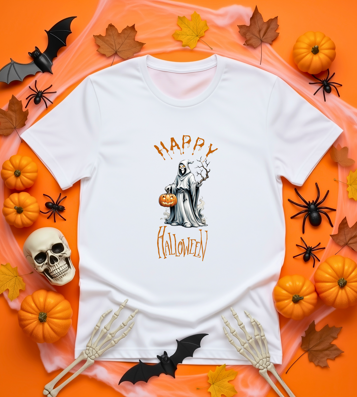 Happy Halloween Ghost Shirt – Spooky Pumpkin Graphic Tee – Bella Canvas 3001 – Unisex Cute Halloween T-Shirt for Women Men