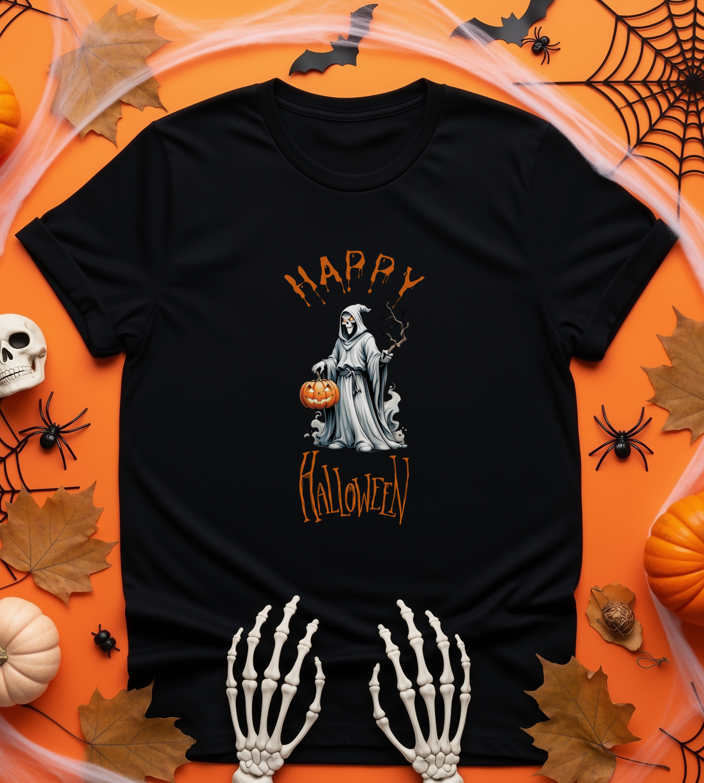Happy Halloween Ghost Shirt – Spooky Pumpkin Graphic Tee – Bella Canvas 3001 – Unisex Cute Halloween T-Shirt for Women Men