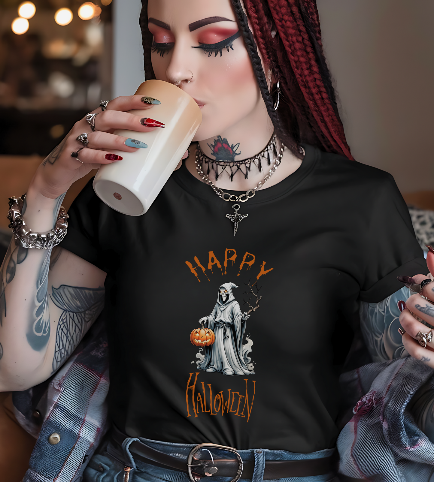 Happy Halloween Ghost Shirt – Spooky Pumpkin Graphic Tee – Bella Canvas 3001 – Unisex Cute Halloween T-Shirt for Women Men