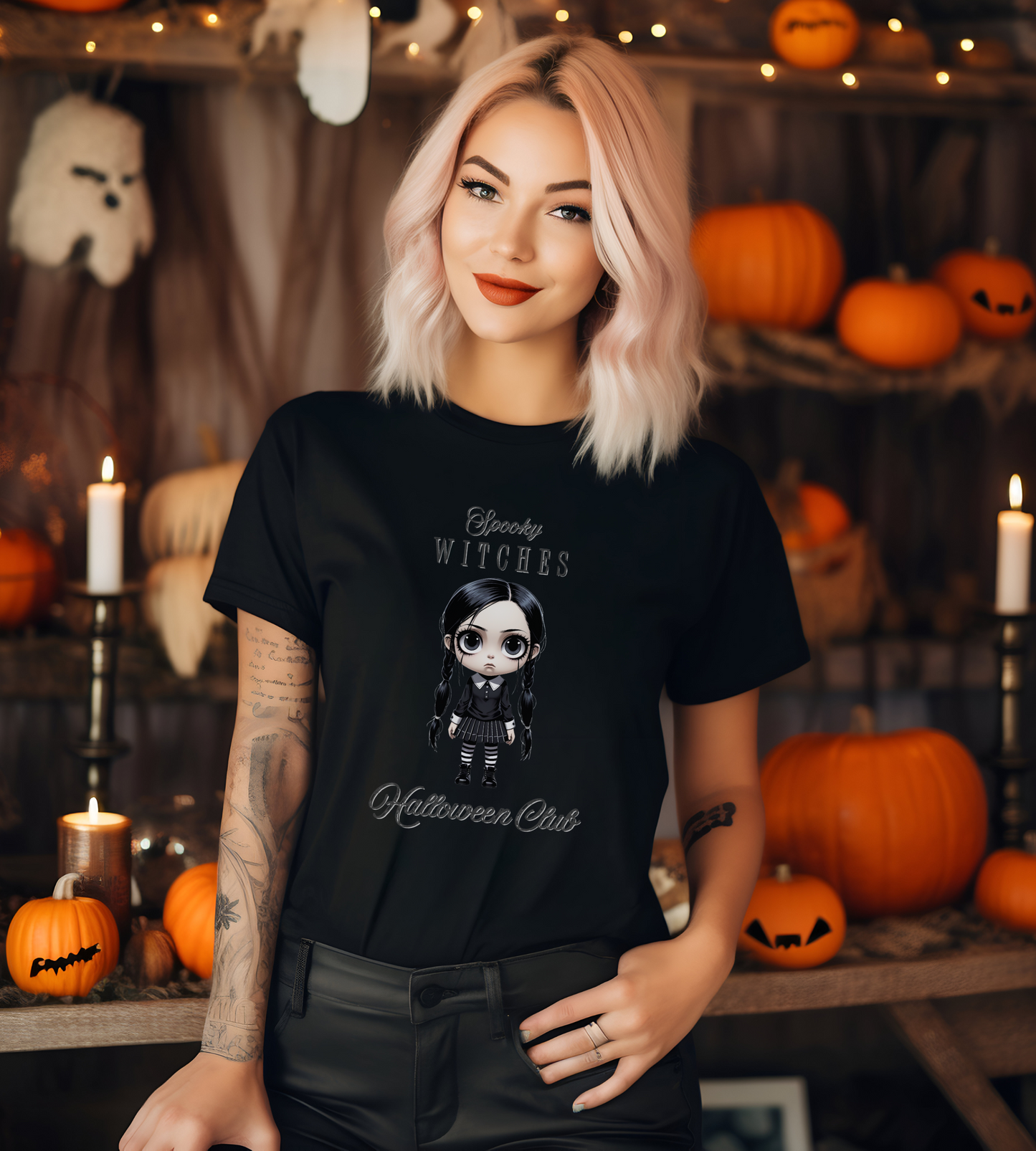 Spooky Witches Halloween Club Shirt – Gothic Wednesday Addams Inspired Tee – Bella Canvas 3001 – Unisex Spooky Halloween T-Shirt