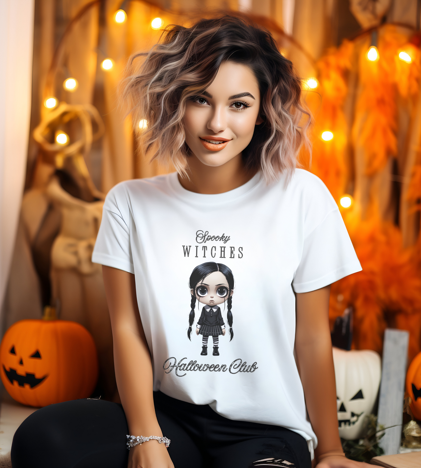 Spooky Witches Halloween Club Shirt – Gothic Wednesday Addams Inspired Tee – Bella Canvas 3001 – Unisex Spooky Halloween T-Shirt