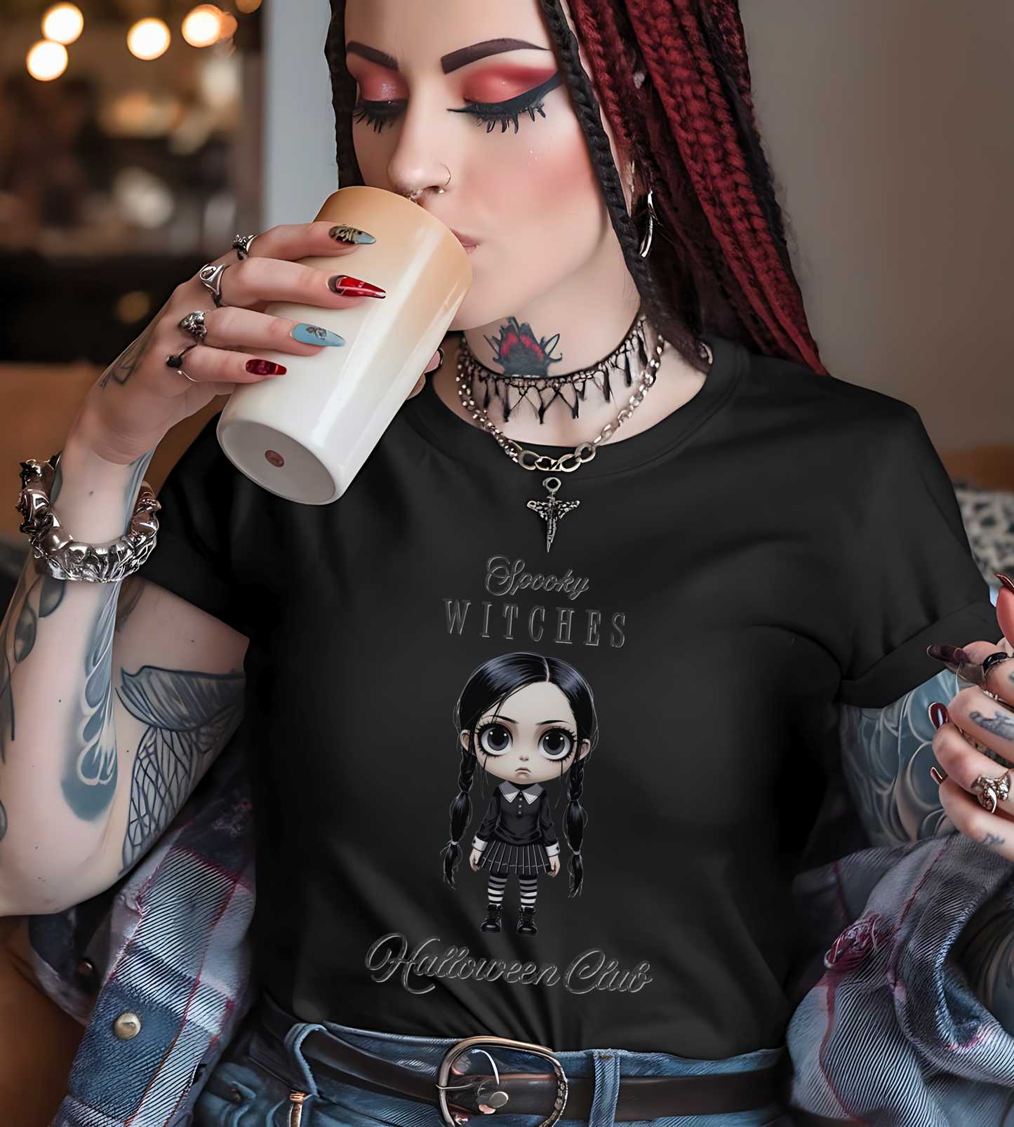 Spooky Witches Halloween Club Shirt – Gothic Wednesday Addams Inspired Tee – Bella Canvas 3001 – Unisex Spooky Halloween T-Shirt