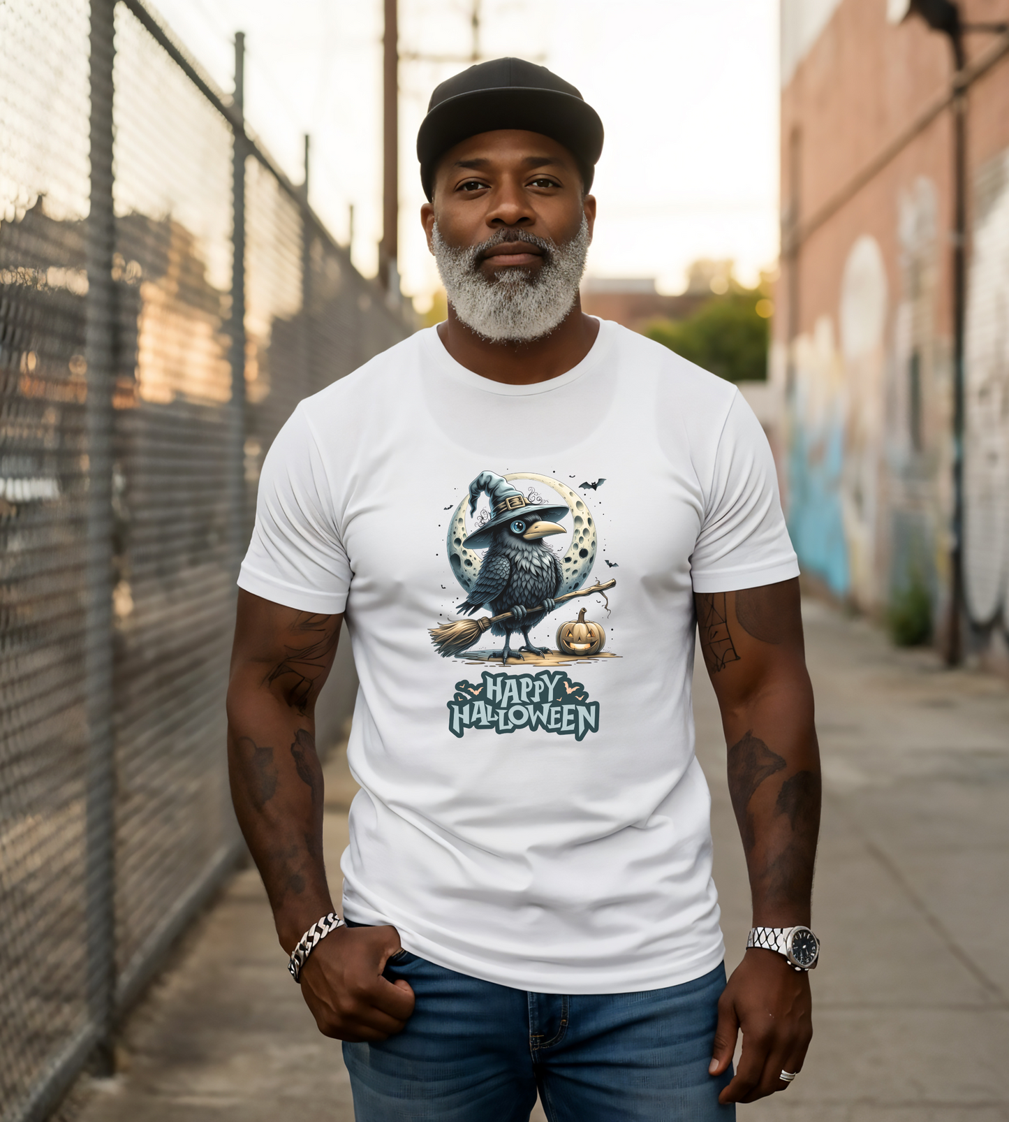 Happy Halloween Crow Shirt – Spooky Raven Witch Graphic Tee – Bella Canvas 3001 – Unisex Halloween T-Shirt for Women Men