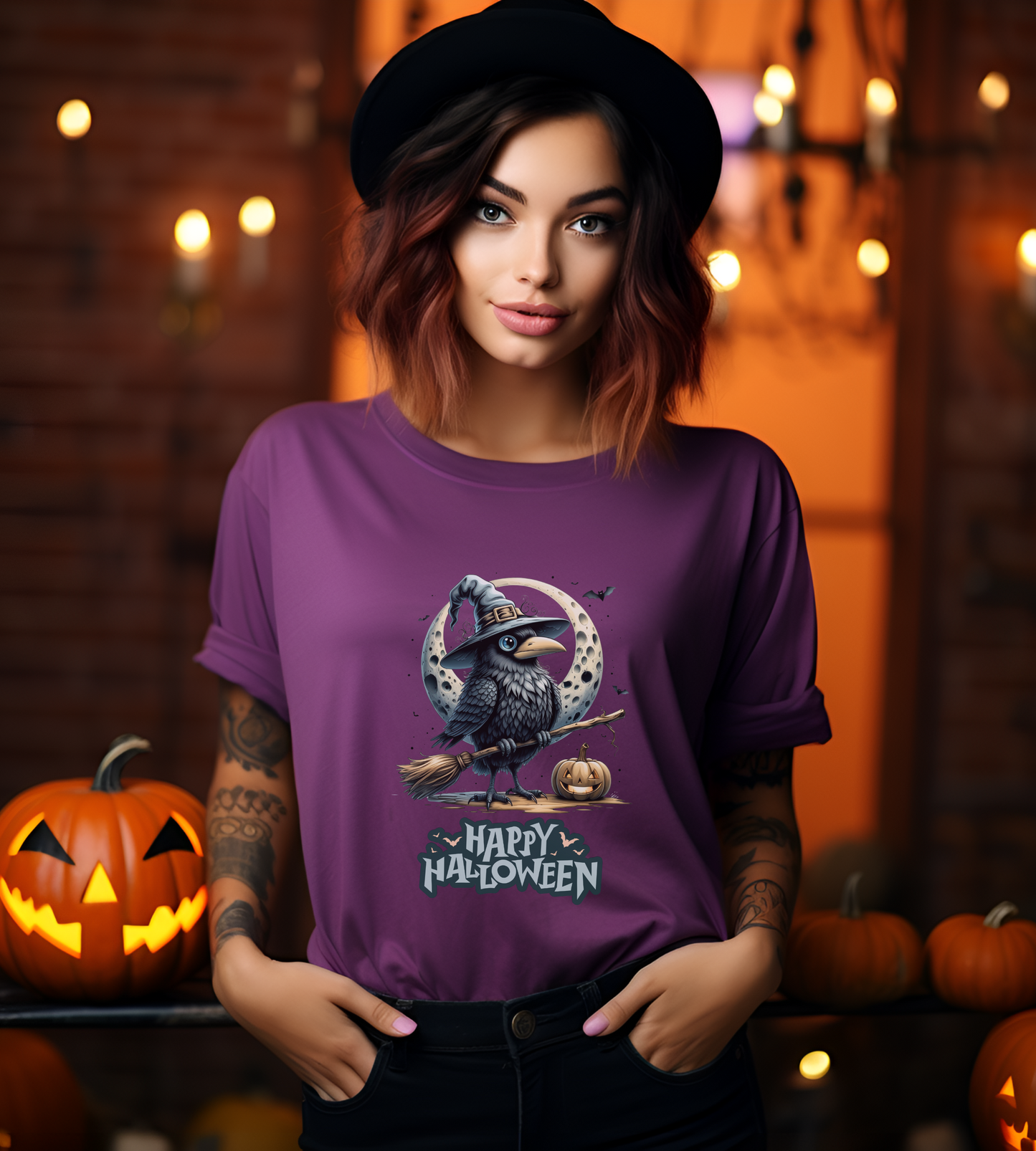 Happy Halloween Crow Shirt – Spooky Raven Witch Graphic Tee – Bella Canvas 3001 – Unisex Halloween T-Shirt for Women Men
