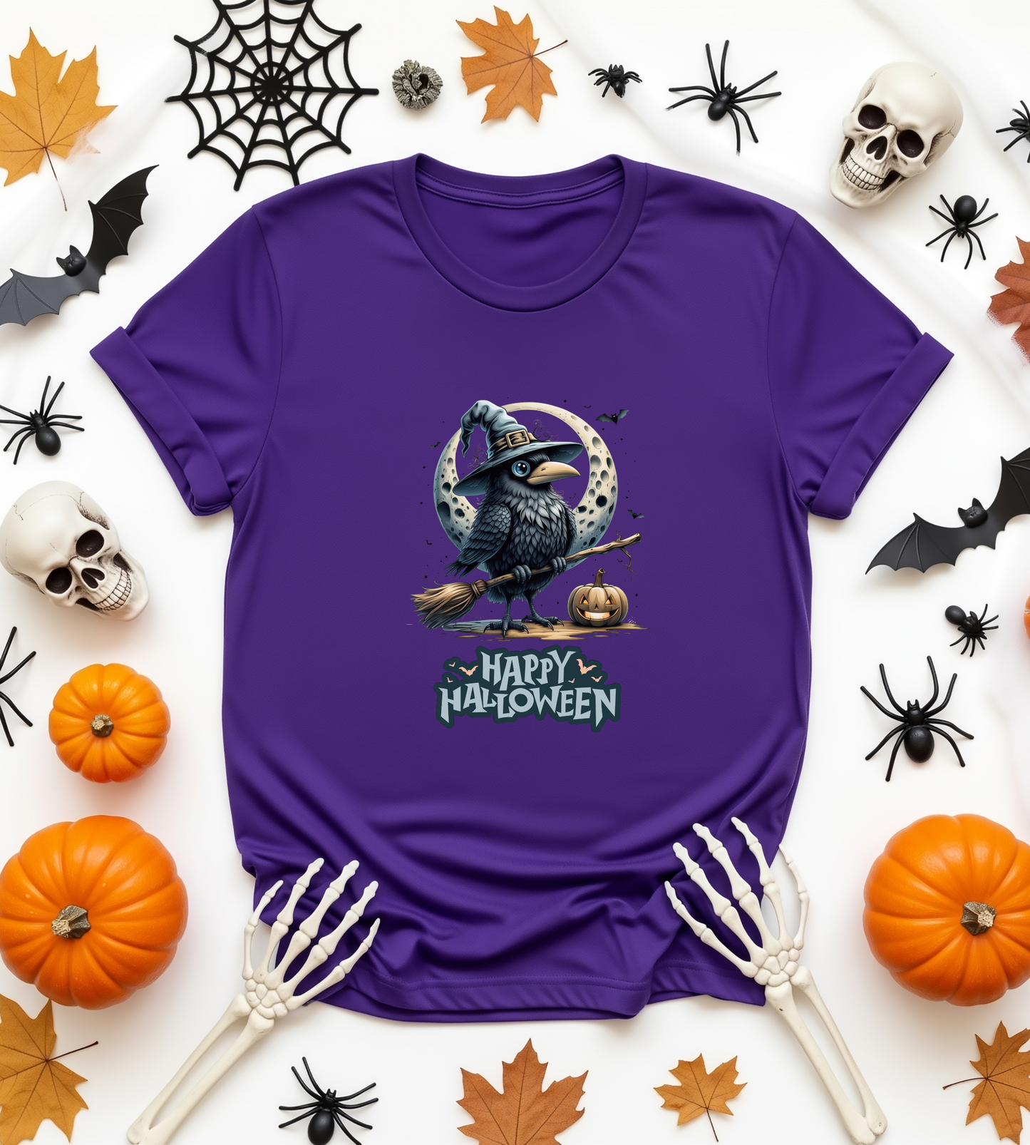 Happy Halloween Crow Shirt – Spooky Raven Witch Graphic Tee – Bella Canvas 3001 – Unisex Halloween T-Shirt for Women Men