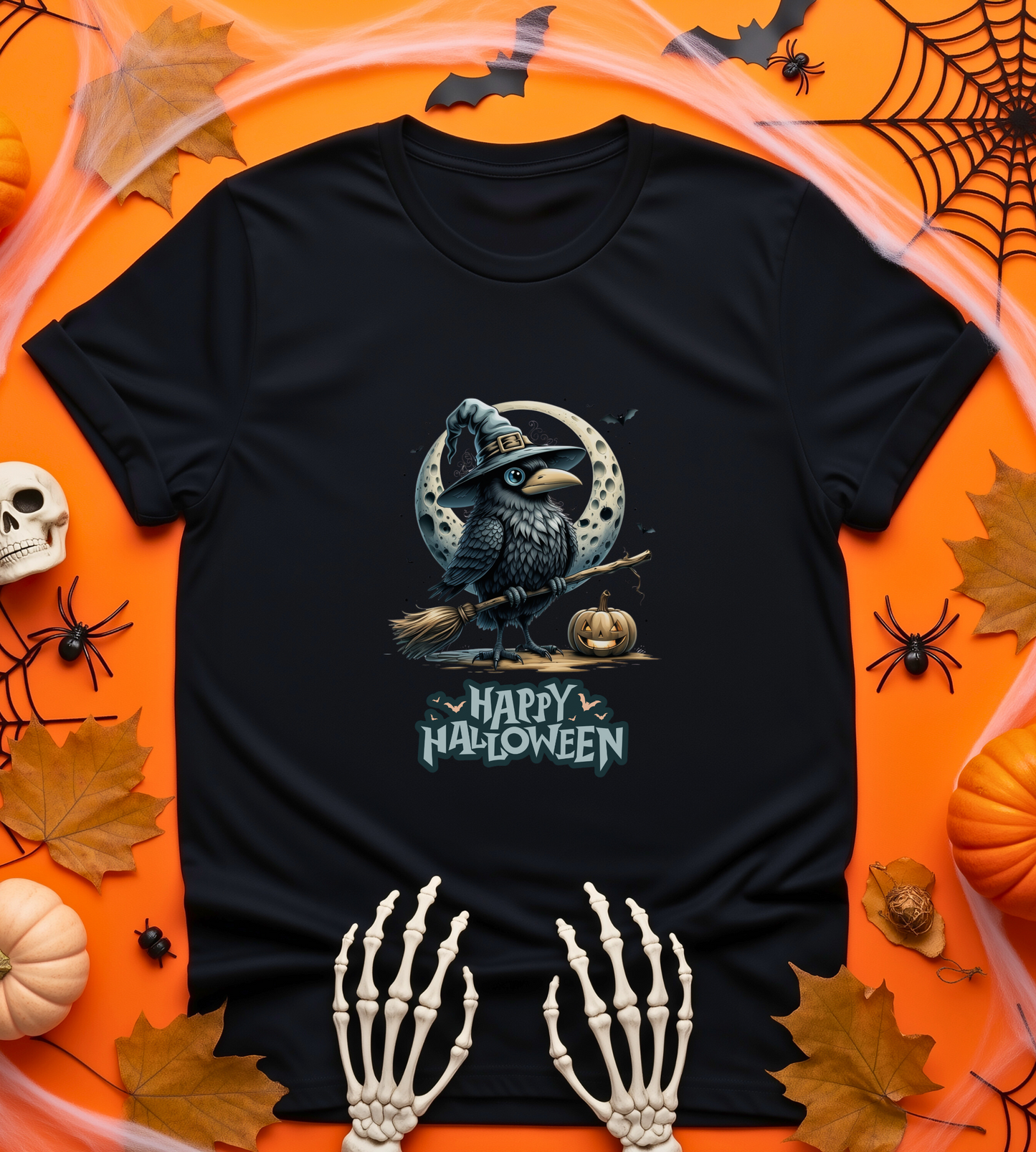 Happy Halloween Crow Shirt – Spooky Raven Witch Graphic Tee – Bella Canvas 3001 – Unisex Halloween T-Shirt for Women Men