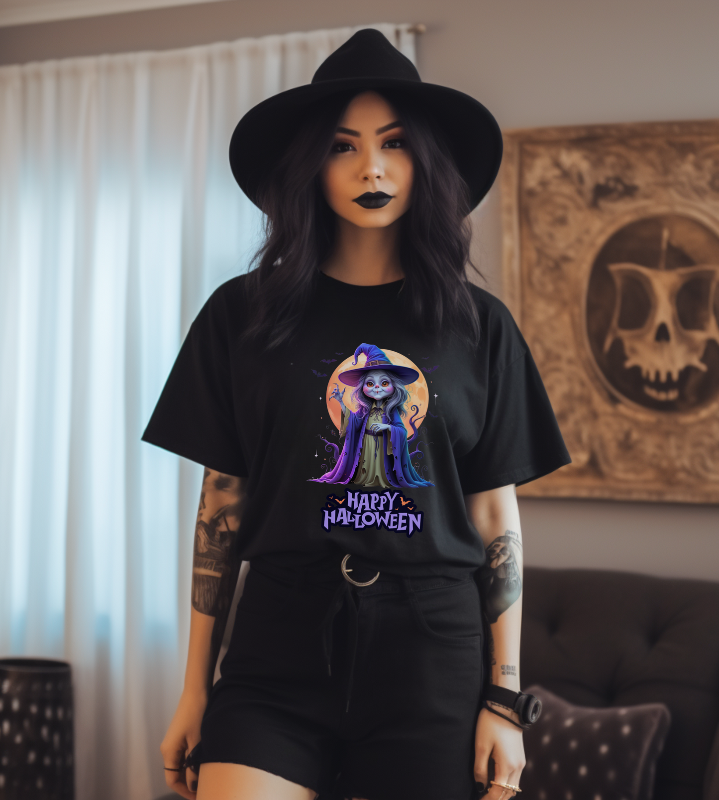 Happy Halloween Witch Shirt – Spooky Full Moon Graphic Tee – Bella Canvas 3001 – Unisex Halloween T-Shirt for Women Men