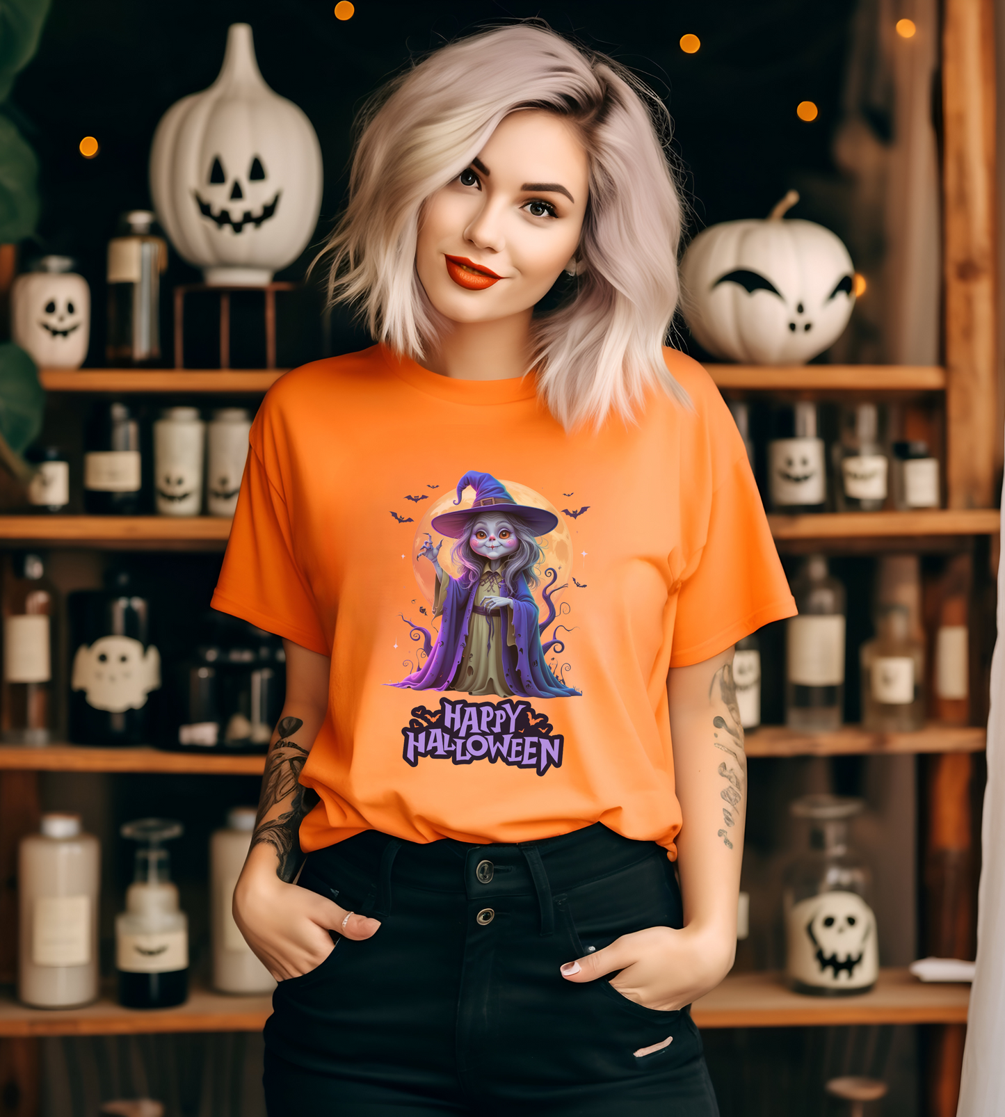 Happy Halloween Witch Shirt – Spooky Full Moon Graphic Tee – Bella Canvas 3001 – Unisex Halloween T-Shirt for Women Men
