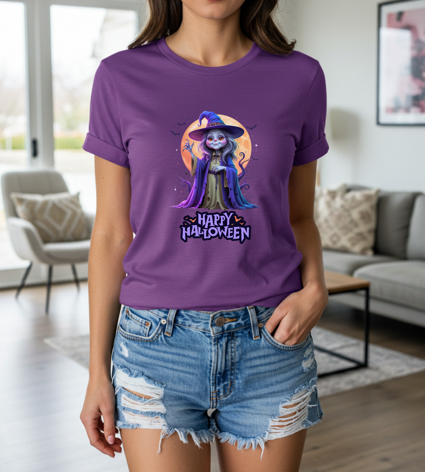 Happy Halloween Witch Shirt – Spooky Full Moon Graphic Tee – Bella Canvas 3001 – Unisex Halloween T-Shirt for Women Men