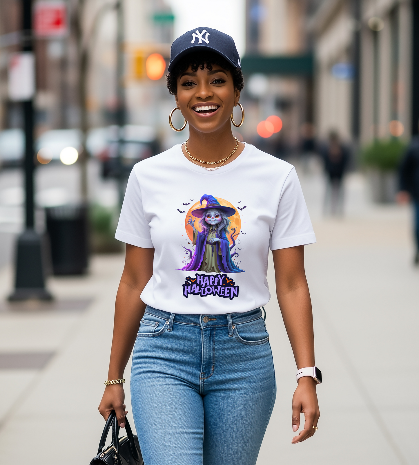 Happy Halloween Witch Shirt – Spooky Full Moon Graphic Tee – Bella Canvas 3001 – Unisex Halloween T-Shirt for Women Men