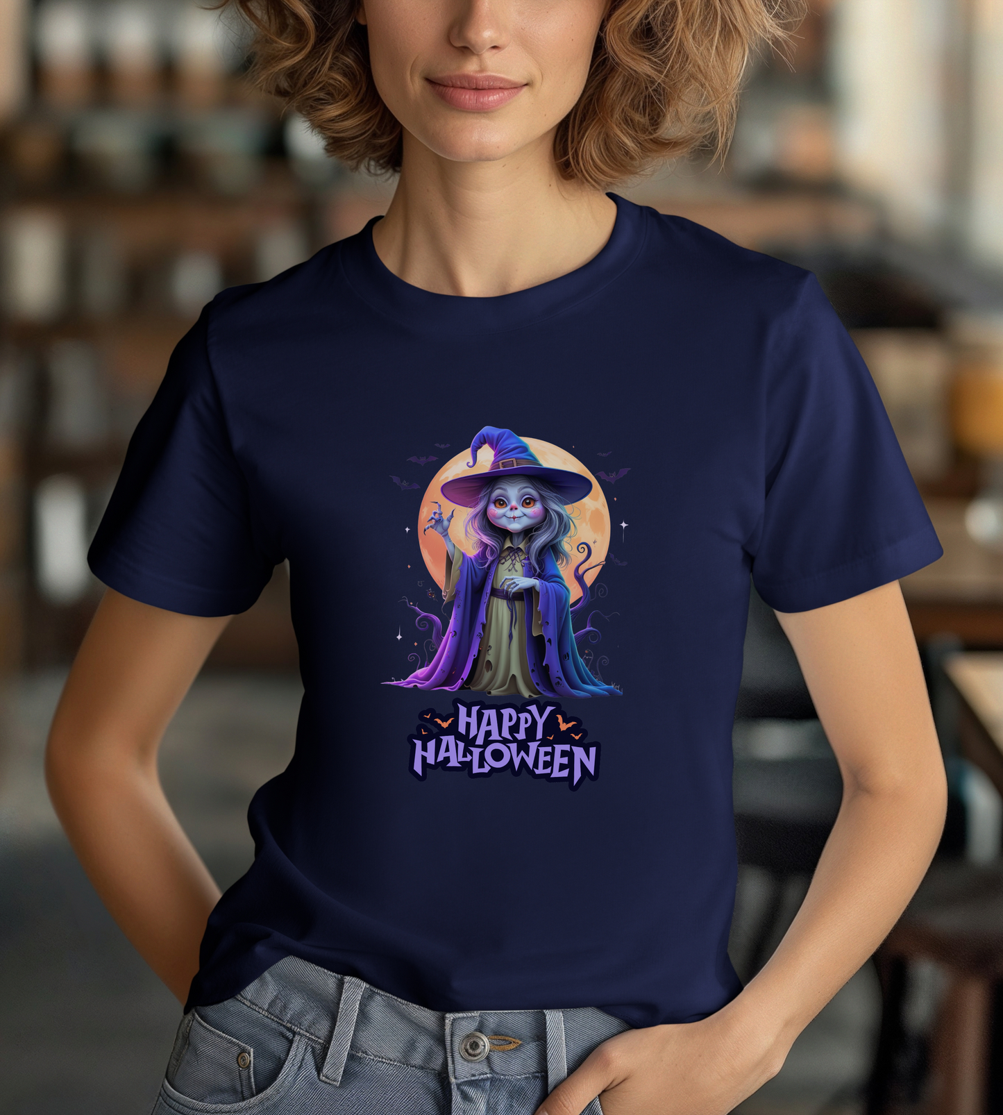 Happy Halloween Witch Shirt – Spooky Full Moon Graphic Tee – Bella Canvas 3001 – Unisex Halloween T-Shirt for Women Men