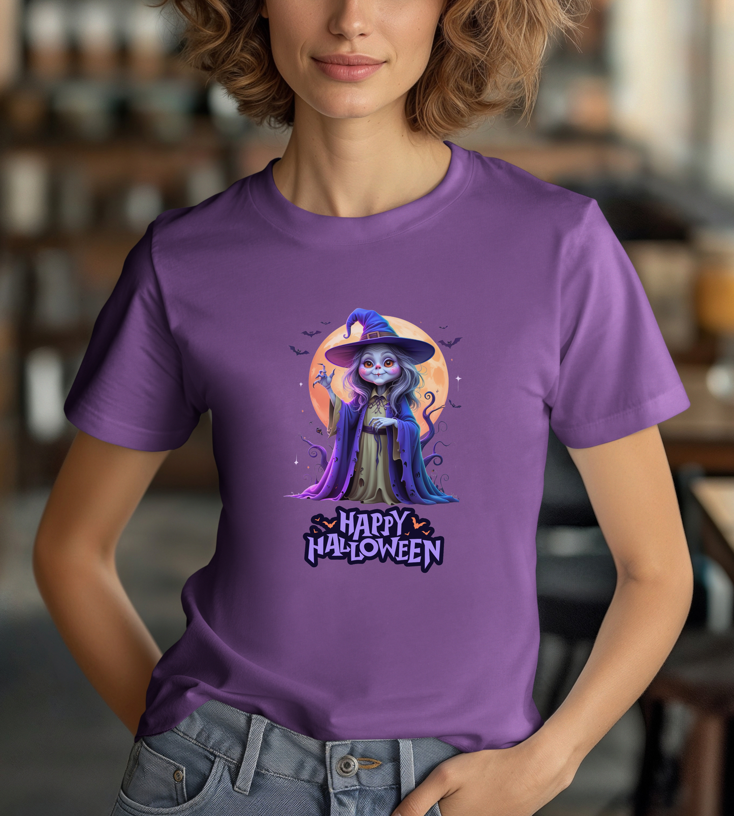 Happy Halloween Witch Shirt – Spooky Full Moon Graphic Tee – Bella Canvas 3001 – Unisex Halloween T-Shirt for Women Men