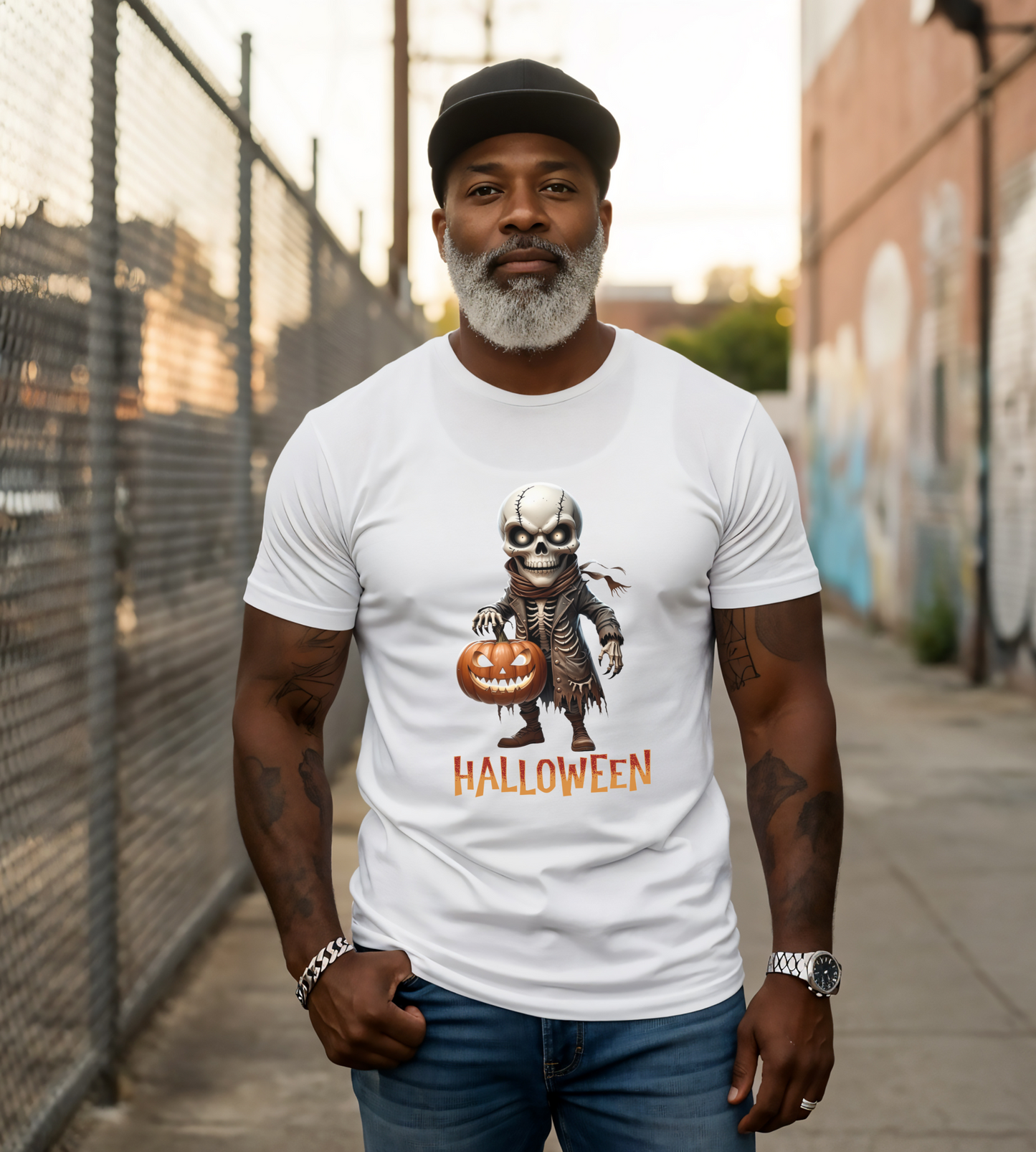 Halloween Skeleton Shirt – Spooky Pumpkin Graphic Tee – Bella Canvas 3001 – Unisex Gothic Horror Costume T-Shirt