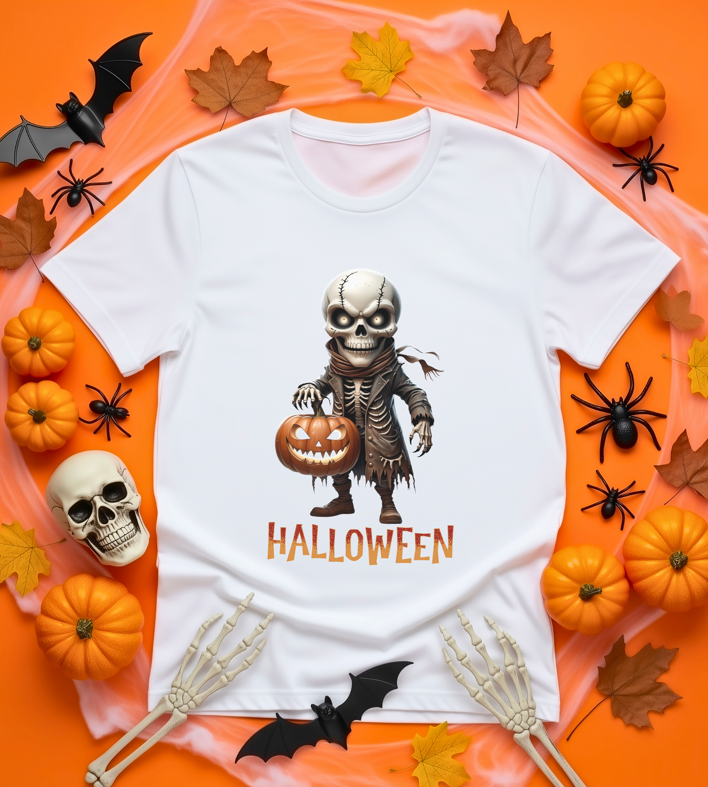 Halloween Skeleton Shirt – Spooky Pumpkin Graphic Tee – Bella Canvas 3001 – Unisex Gothic Horror Costume T-Shirt