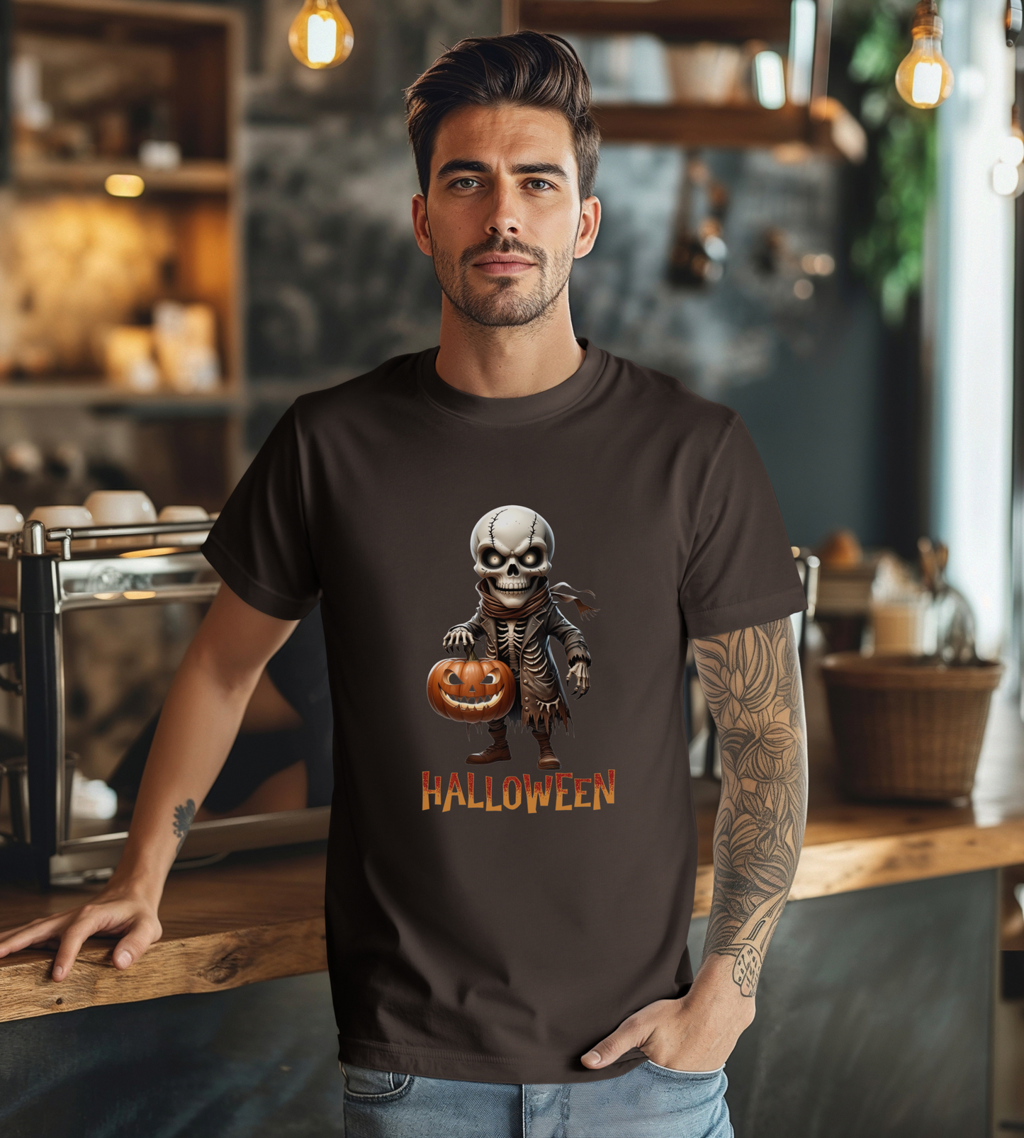 Halloween Skeleton Shirt – Spooky Pumpkin Graphic Tee – Bella Canvas 3001 – Unisex Gothic Horror Costume T-Shirt