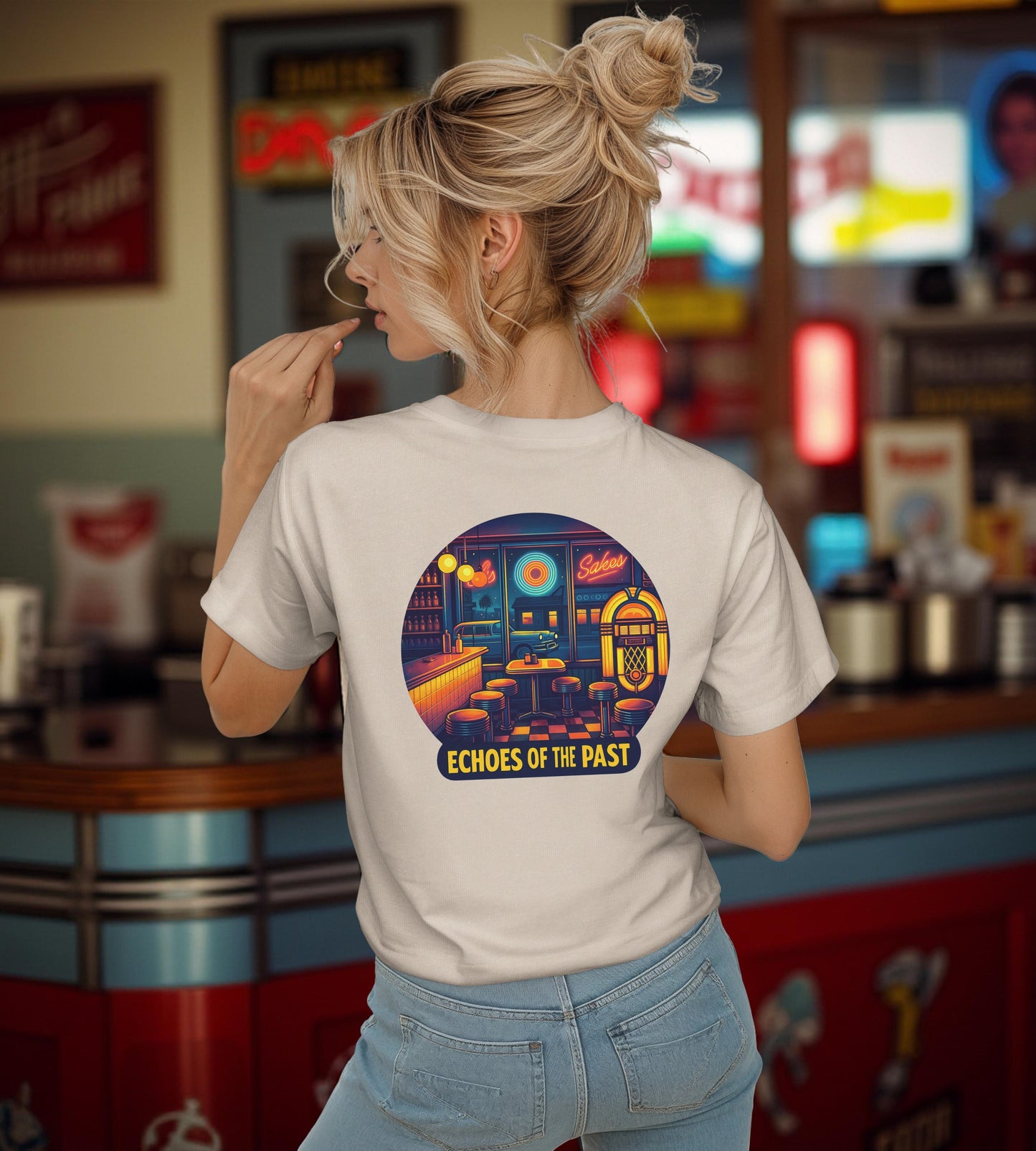 Echoes of the Past Retro Diner T-Shirt – Bella Canvas 3001 Unisex Vintage 80s Jukebox Neon Graphic Tee