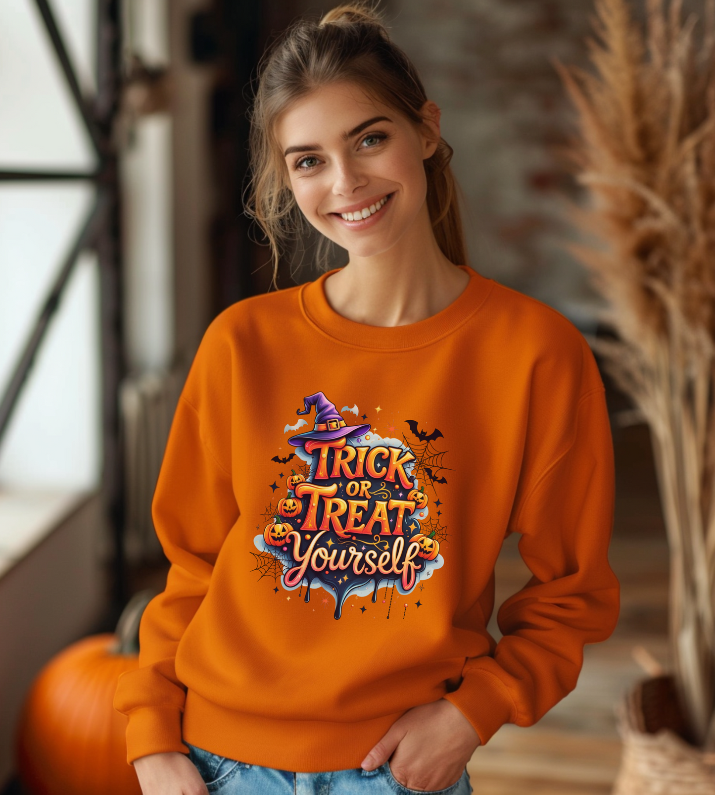 ''Trick or Treat Yourself'' Halloween Sweatshirt – Unisex Cozy Crewneck, Spooky Pumpkin & Witch Hat Graphic, Fall Aesthetic Pullover