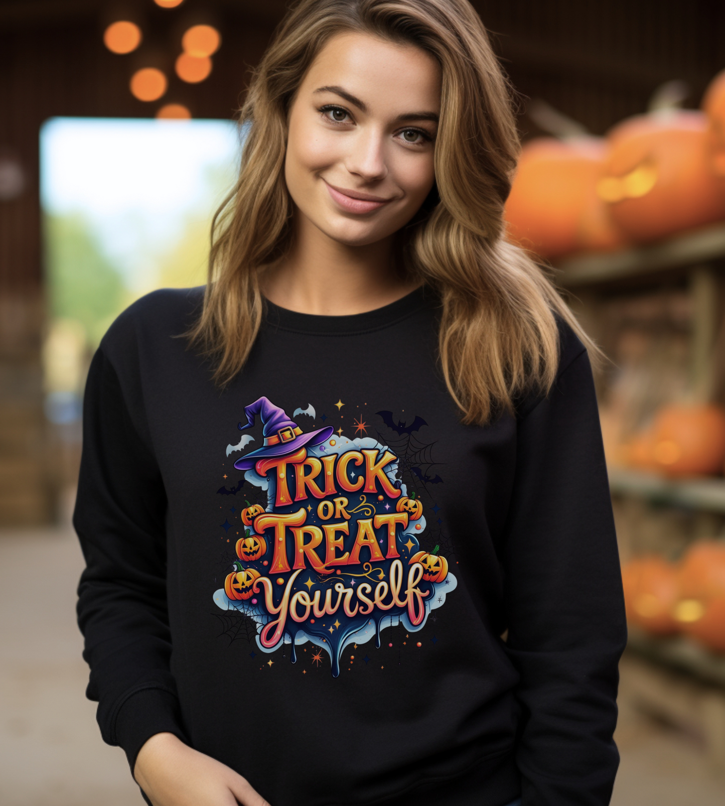 ''Trick or Treat Yourself'' Halloween Sweatshirt – Unisex Cozy Crewneck, Spooky Pumpkin & Witch Hat Graphic, Fall Aesthetic Pullover