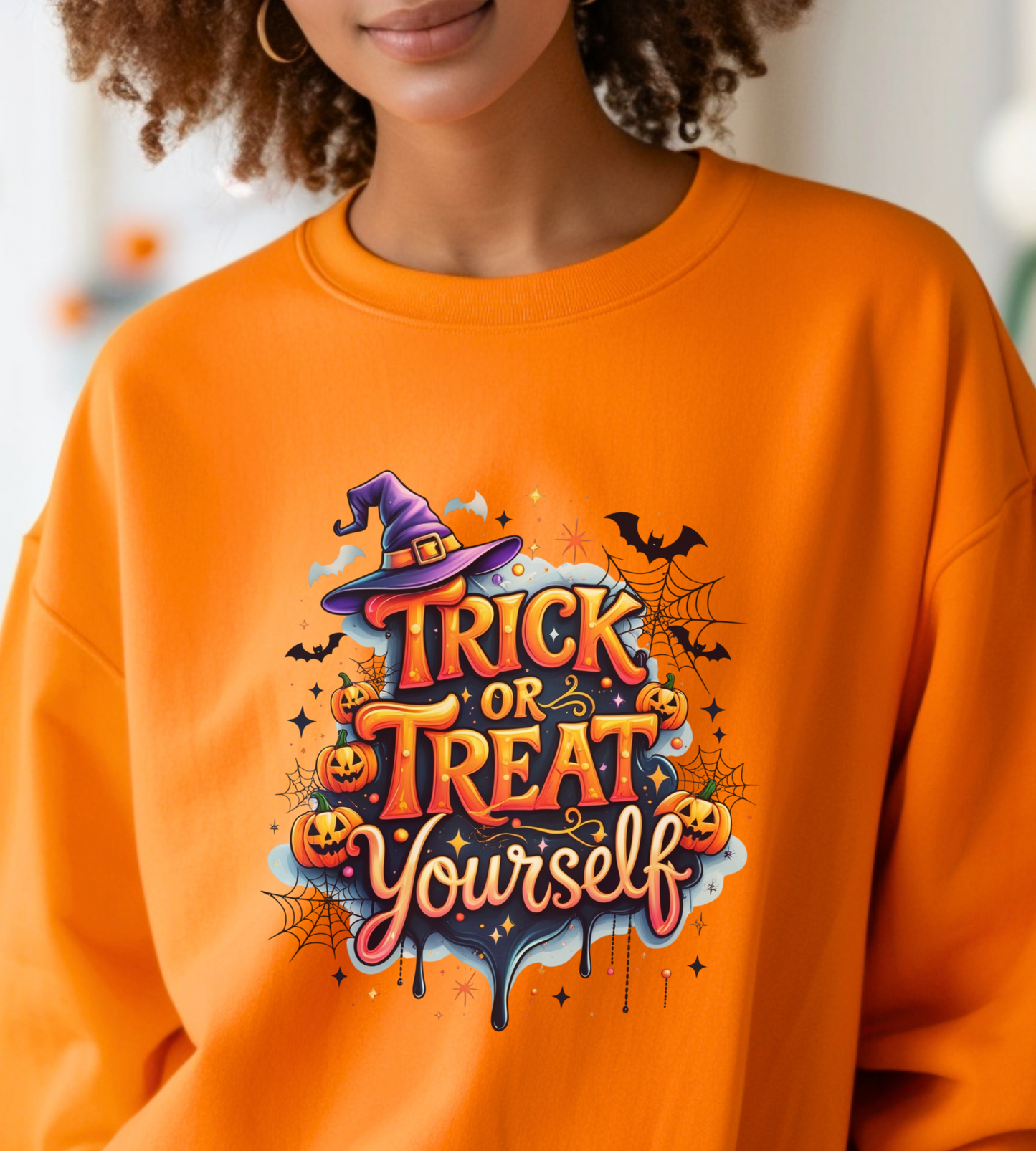 ''Trick or Treat Yourself'' Halloween Sweatshirt – Unisex Cozy Crewneck, Spooky Pumpkin & Witch Hat Graphic, Fall Aesthetic Pullover