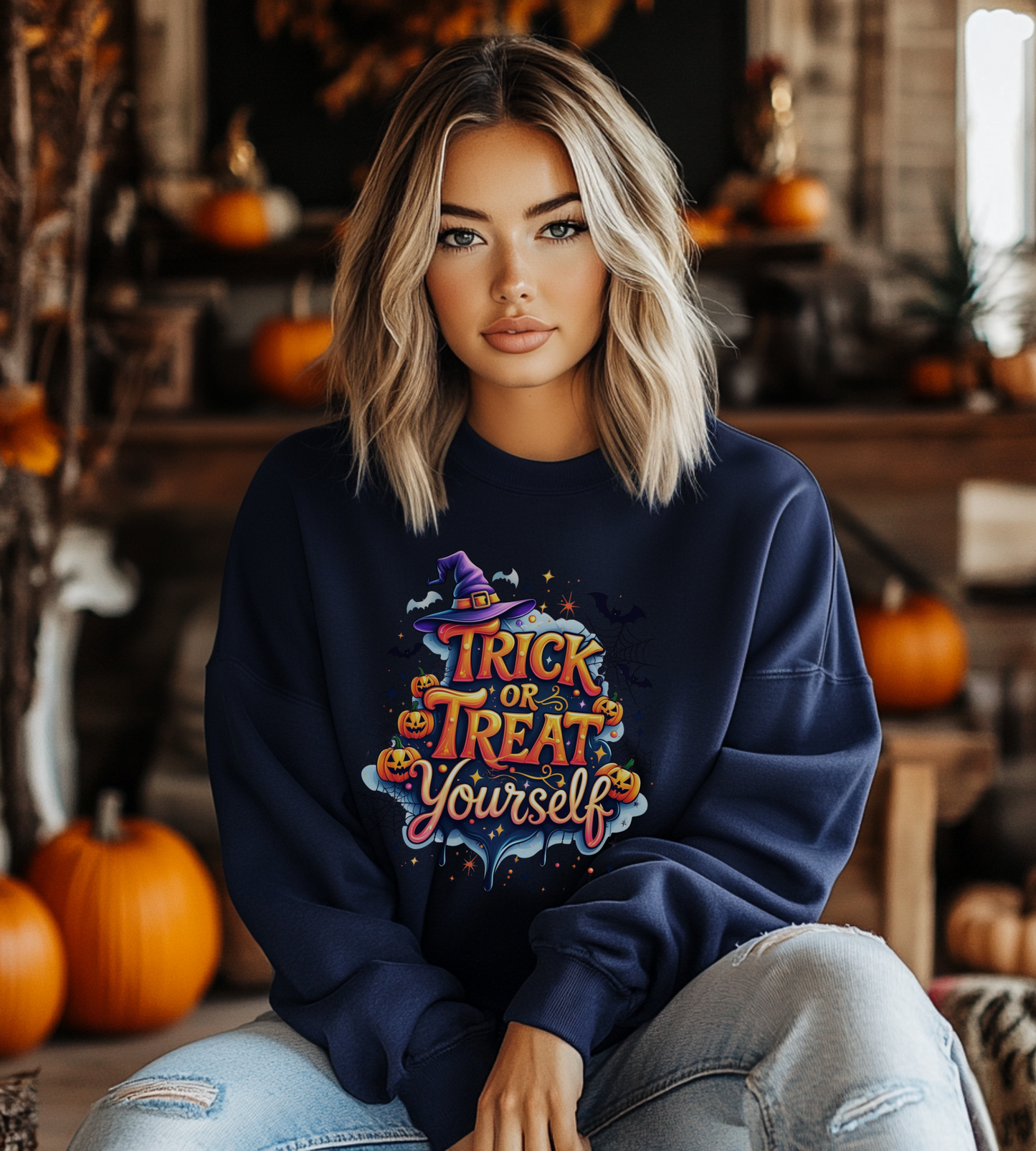''Trick or Treat Yourself'' Halloween Sweatshirt – Unisex Cozy Crewneck, Spooky Pumpkin & Witch Hat Graphic, Fall Aesthetic Pullover