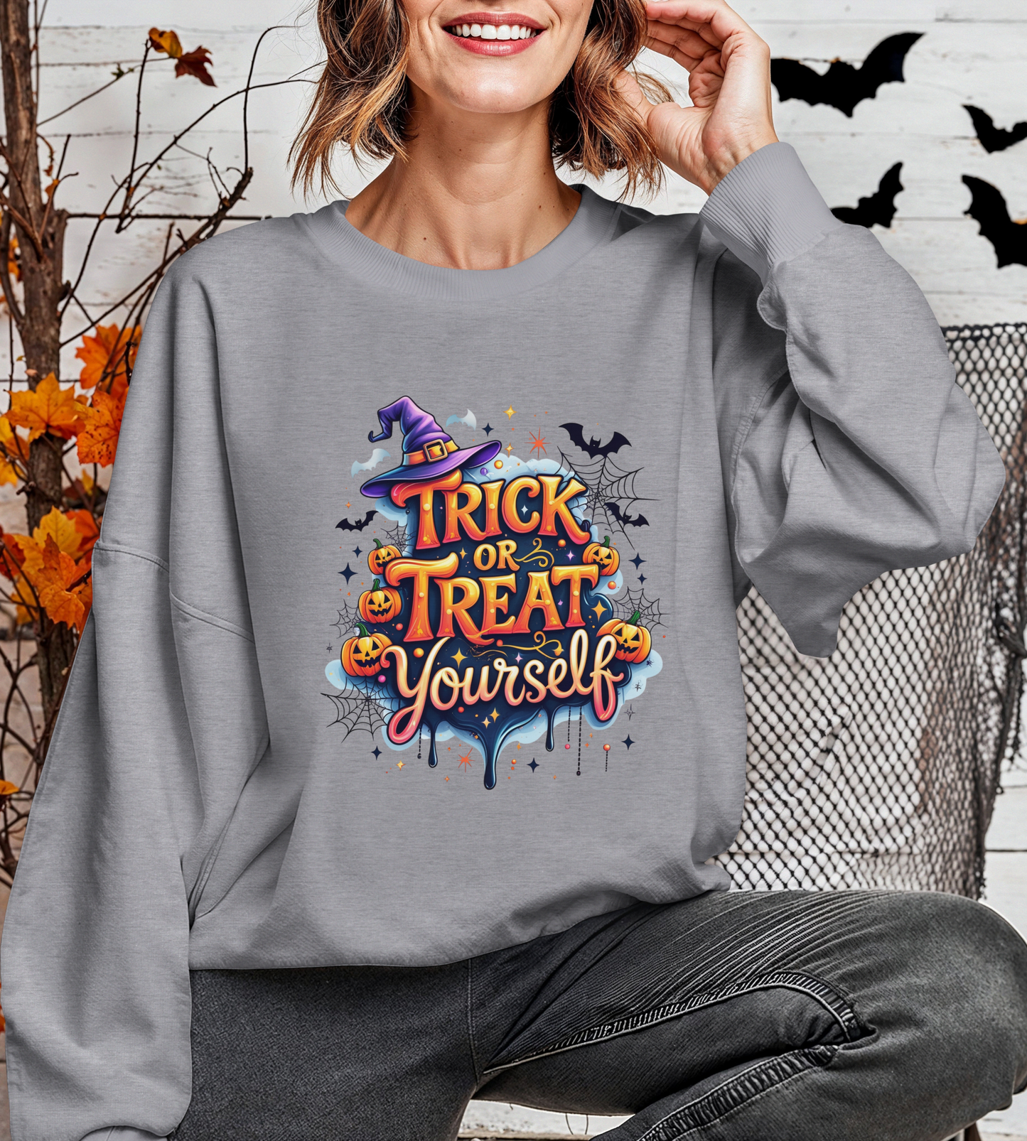 ''Trick or Treat Yourself'' Halloween Sweatshirt – Unisex Cozy Crewneck, Spooky Pumpkin & Witch Hat Graphic, Fall Aesthetic Pullover