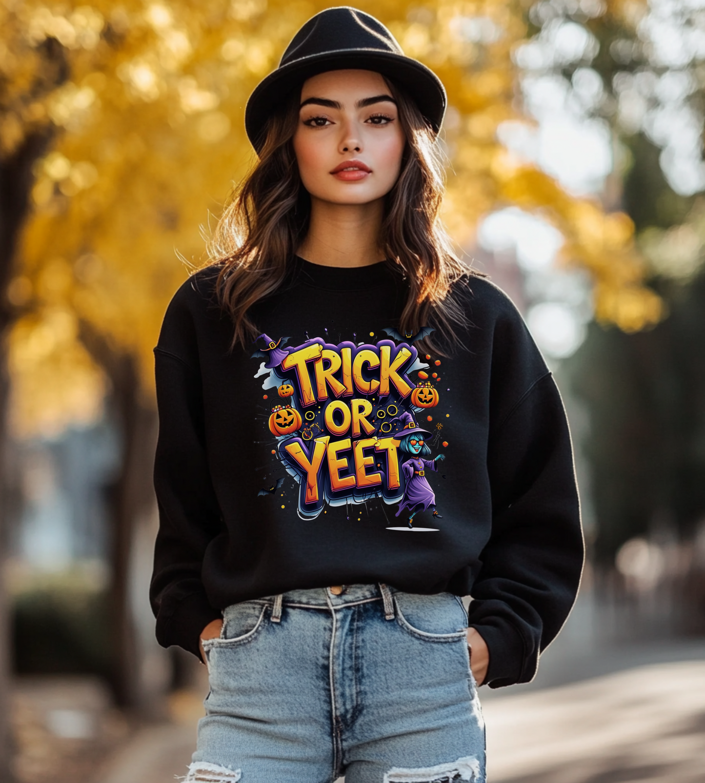 Trick or Yeet Unisex Heavy Blend Crewneck Sweatshirt – Funny Witch & Pumpkin Halloween Pullover