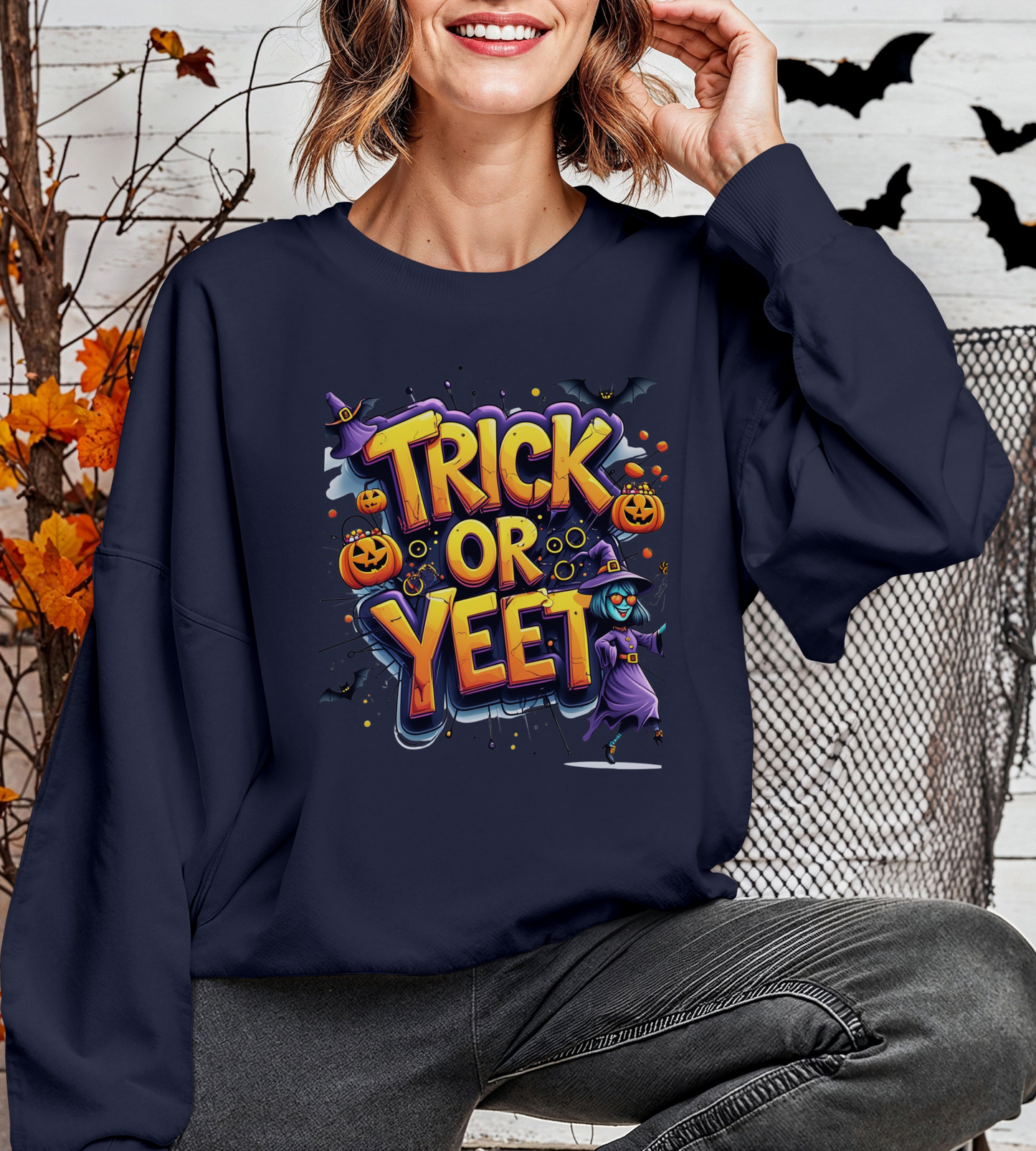 Trick or Yeet Unisex Heavy Blend Crewneck Sweatshirt – Funny Witch & Pumpkin Halloween Pullover