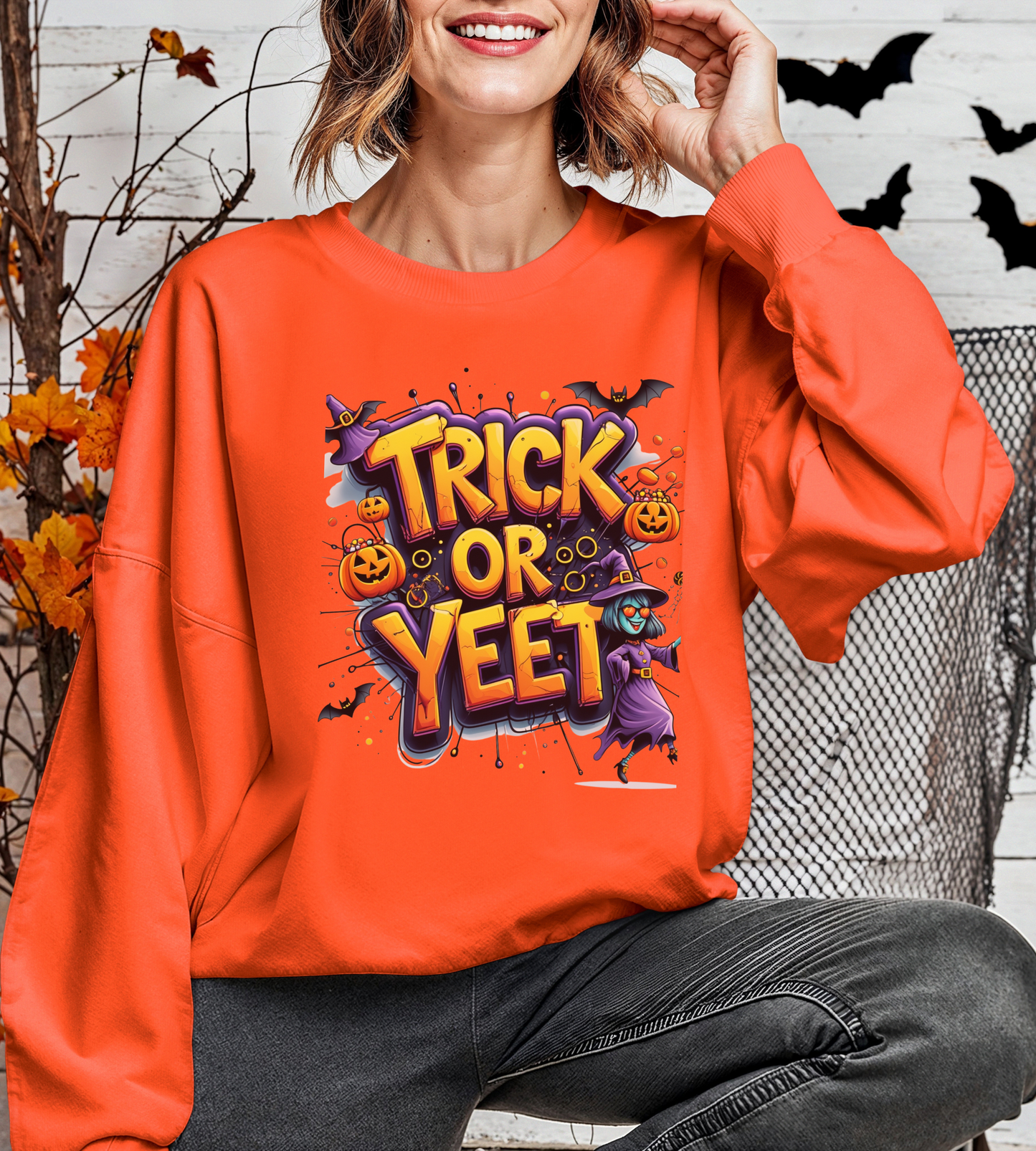 Trick or Yeet Unisex Heavy Blend Crewneck Sweatshirt – Funny Witch & Pumpkin Halloween Pullover