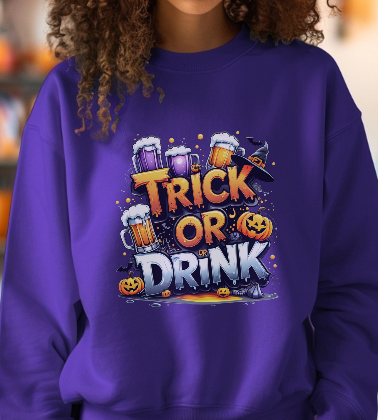 "Trick or Drink Halloween Sweatshirt – Unisex Cozy Crewneck, Spooky Season Fall Outfit, Funny Party Gift"