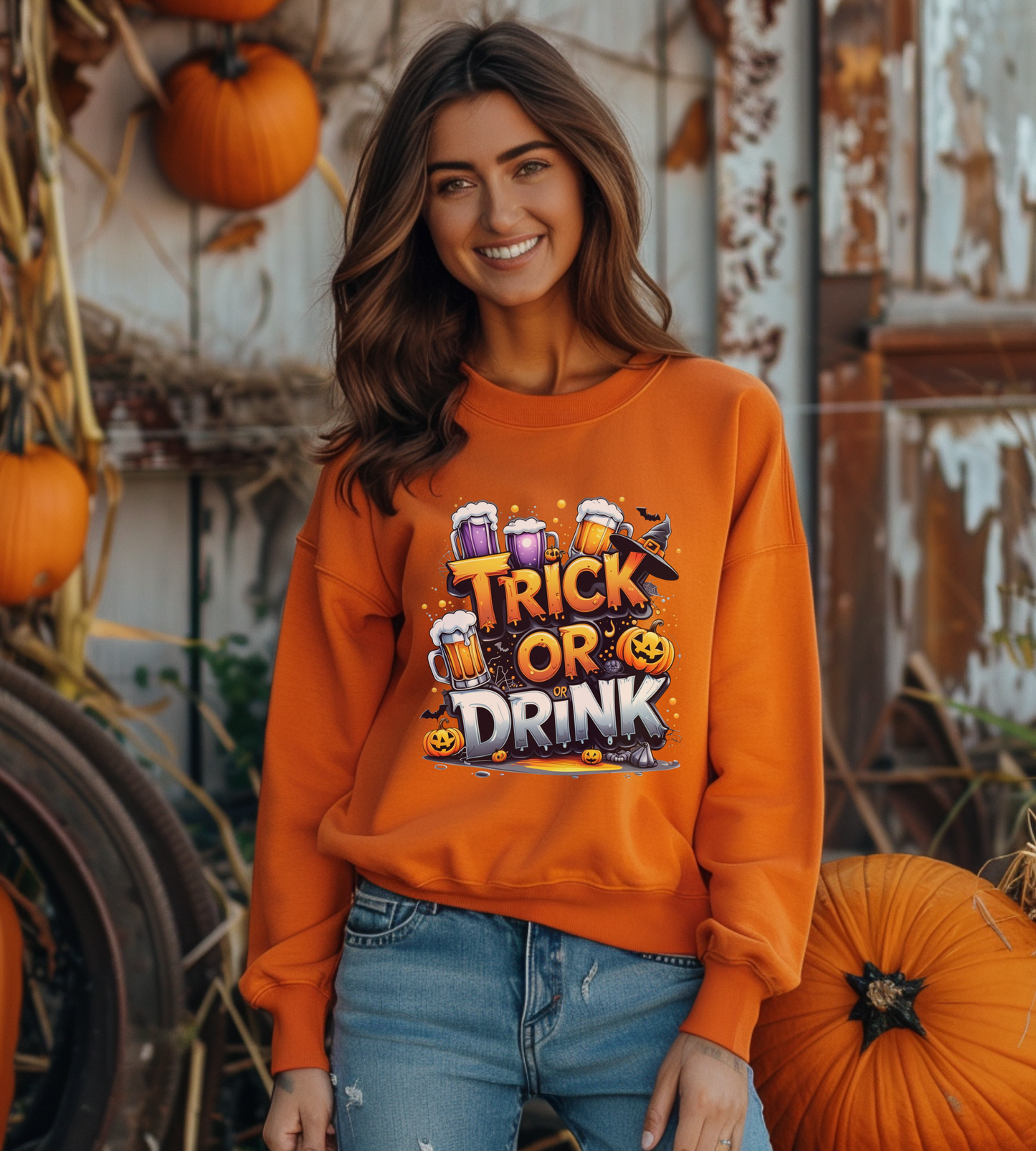 "Trick or Drink Halloween Sweatshirt – Unisex Cozy Crewneck, Spooky Season Fall Outfit, Funny Party Gift"