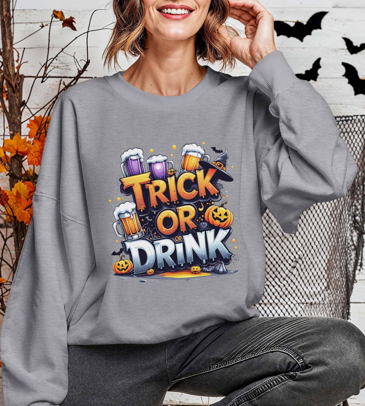 "Trick or Drink Halloween Sweatshirt – Unisex Cozy Crewneck, Spooky Season Fall Outfit, Funny Party Gift"