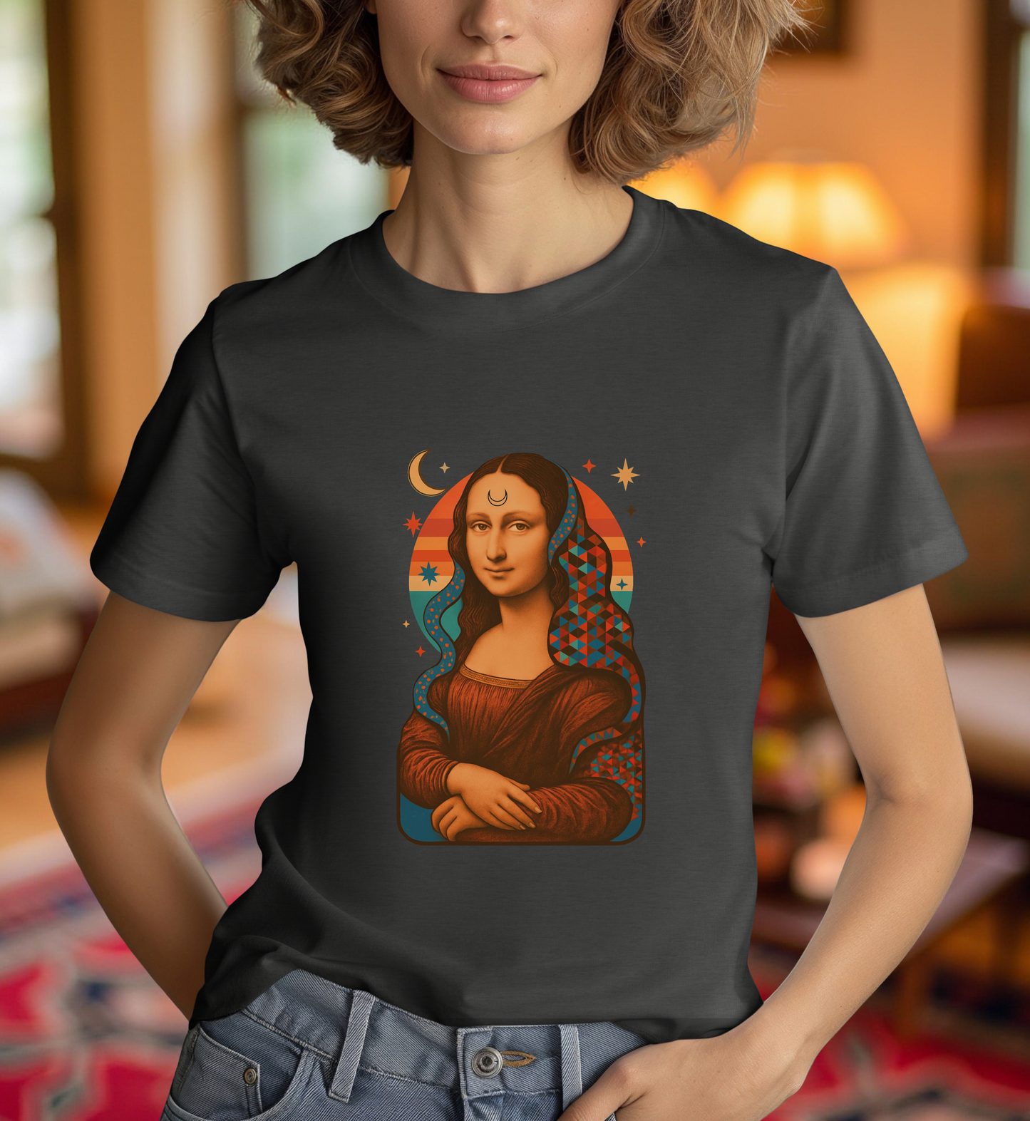 Psychedelic Mona Lisa Gildan 5000 Shirt - Trippy Retro Art Graphic Tee, Colorful Geometric Celestial Design, Vintage Aesthetic T-Shirt