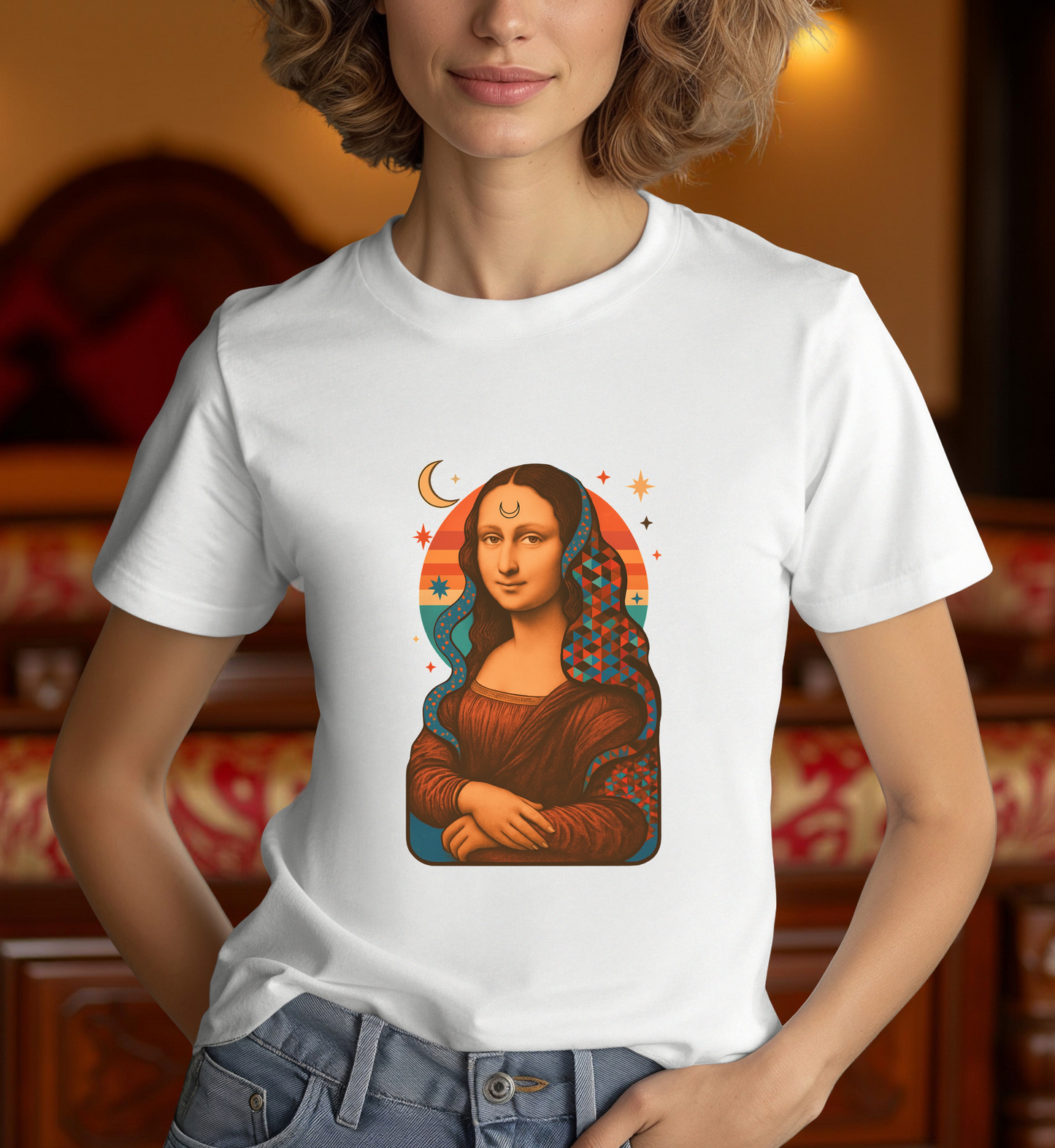 Psychedelic Mona Lisa Gildan 5000 Shirt - Trippy Retro Art Graphic Tee, Colorful Geometric Celestial Design, Vintage Aesthetic T-Shirt