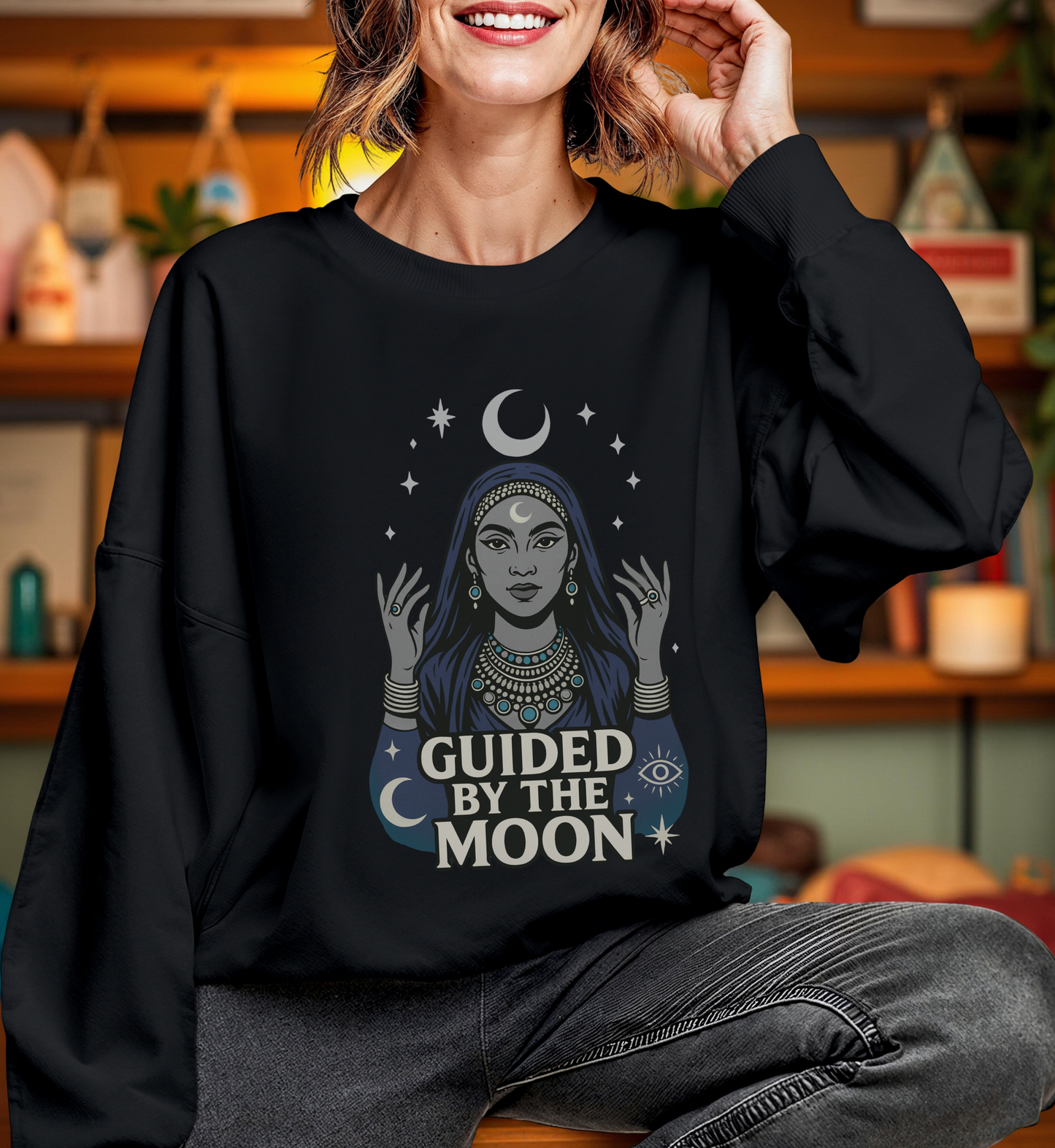 Guided by the Moon Sweatshirt, Mystical Celestial Graphic Pullover, Spiritual Astrology Unisex Cozy Top, Moon Phase Witchy Gift, Moon Lover