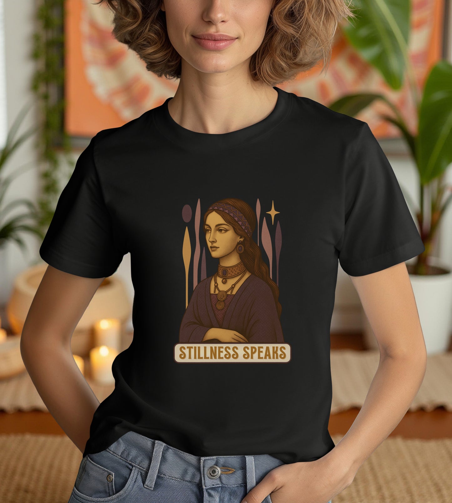 Vintage Mystic Woman Stillness Speaks T-Shirt, Retro Boho Aesthetic Top, Spiritual Graphic Tee, Mindfulness Yoga Gift, Unisex Heavy Cotton