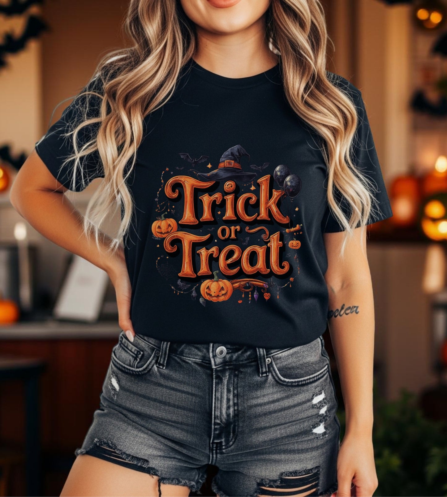 Trick or Treat Halloween Shirt | Spooky Pumpkin Witch Hat Graphic Tee | Funny Unisex Costume T-Shirt | Cute Halloween Party Top
