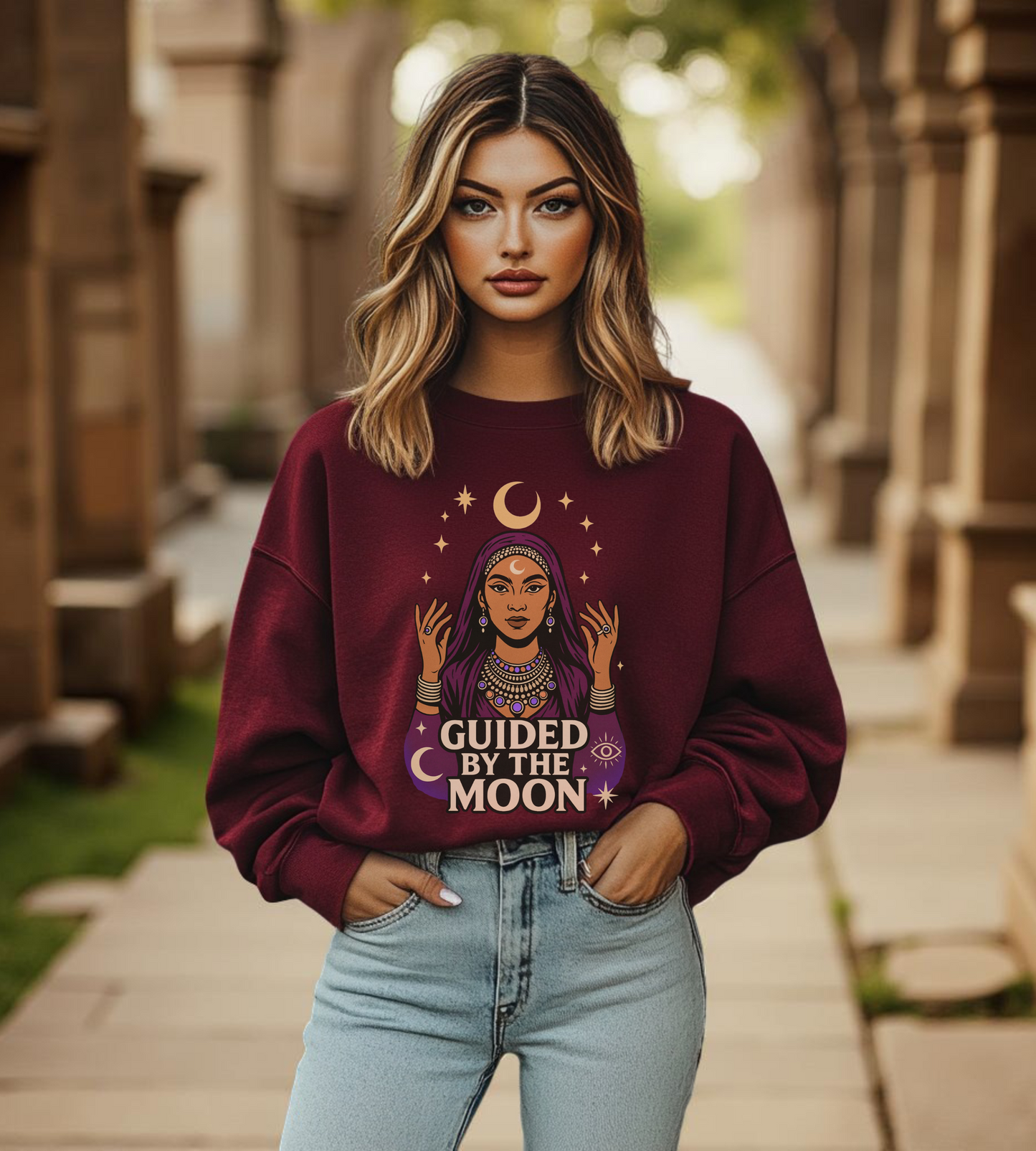 Guided by the Moon Sweatshirt, Mystical Celestial Graphic Pullover, Astrology Spiritual Unisex Crewneck, Moon Phase Cozy Gift, Celestial