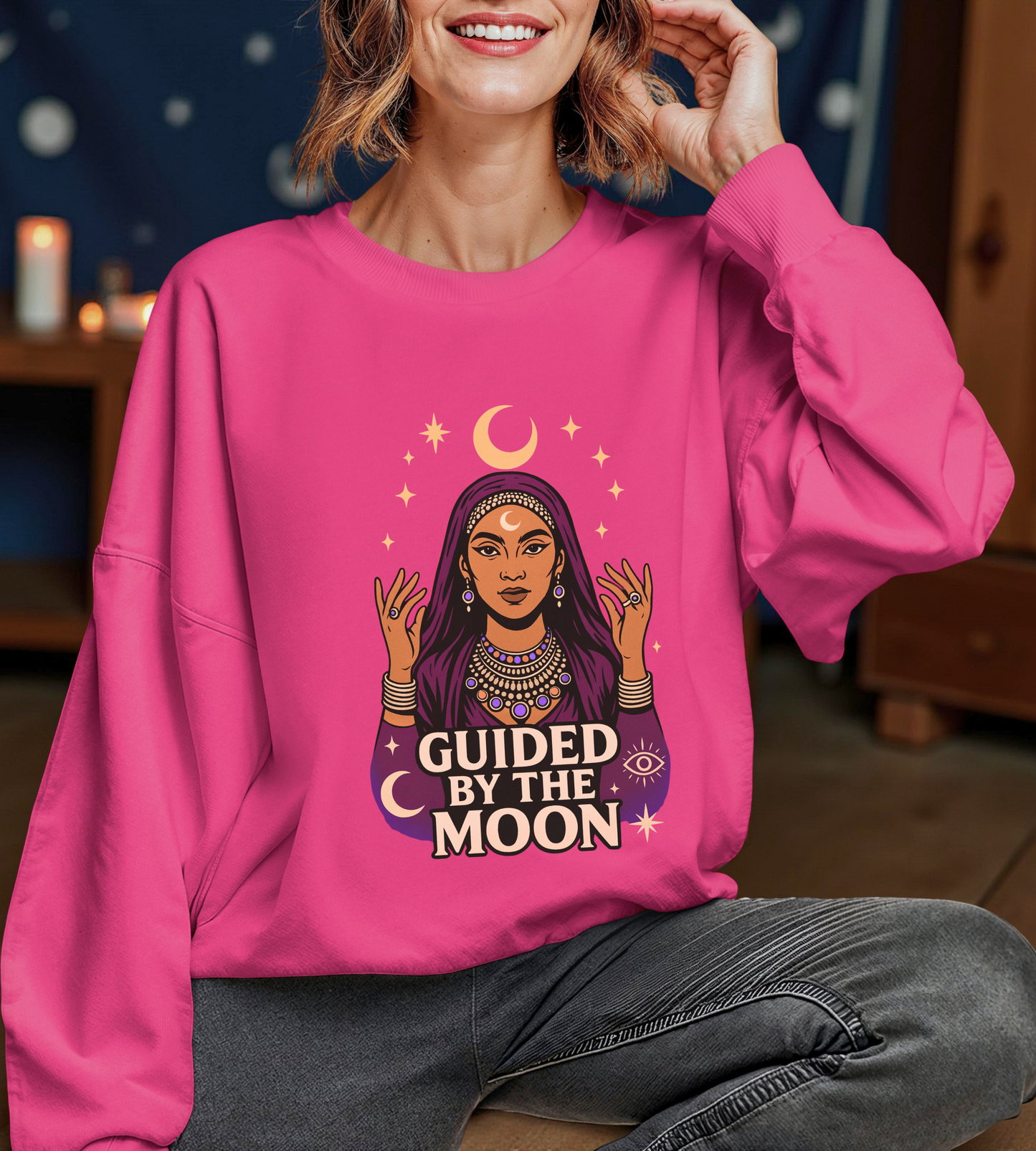 Guided by the Moon Sweatshirt, Mystical Celestial Graphic Pullover, Astrology Spiritual Unisex Crewneck, Moon Phase Cozy Gift, Celestial